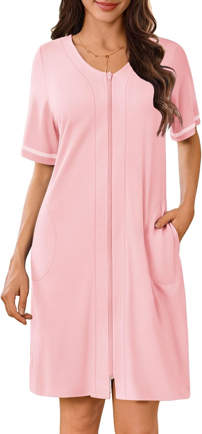 Ekouaer Women Zipper Robe Short Sleeves Housecoat Bathrobes Zip Up Robe | Zip Up Bathrobe, Short Sleeve, Soft and Lightweight WEBE CLOTHING
