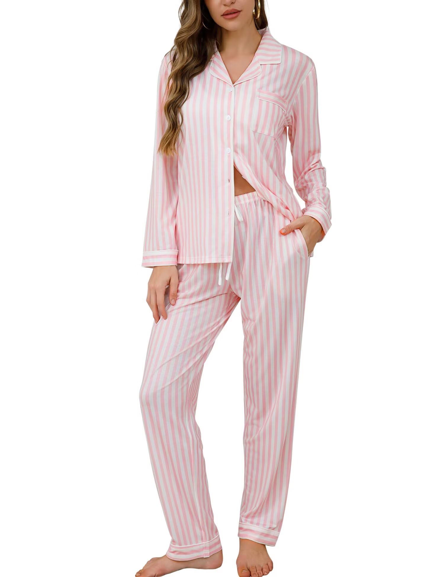 SWOMOG Womens Pajamas Set Long Sleeve Sleepwear Button Down Nightwear Soft Cotton Pj Lounge Sets