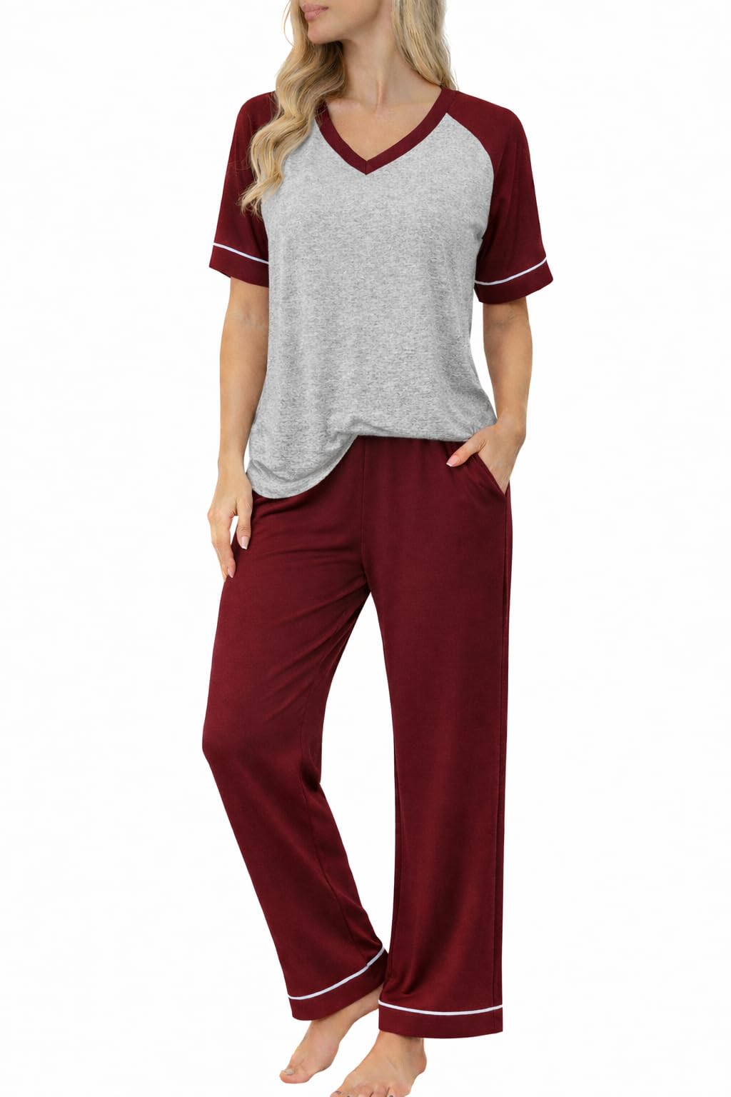 Ekouaer Womens Pajama Set Short Sleeve Pajamas Top and Pants V Neck Pjs Set Soft Loungewear with Pockets
