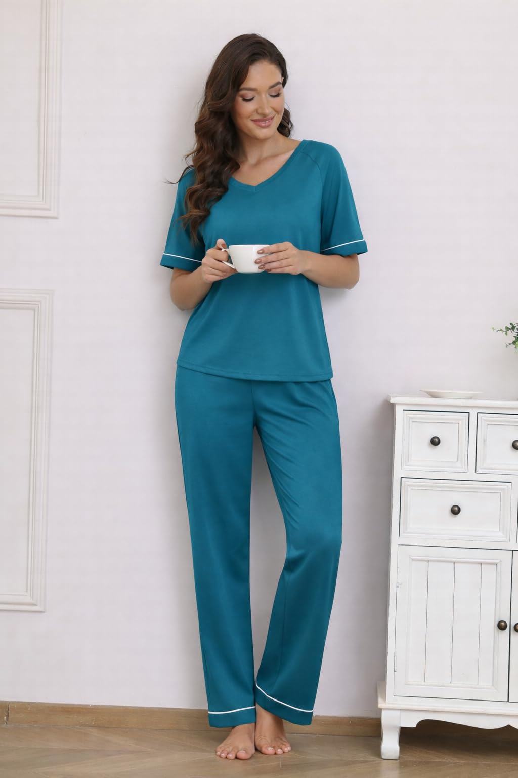Ekouaer Womens Pajama Set Short Sleeve Pajamas Top and Pants V Neck Pjs Set Soft Loungewear with Pockets