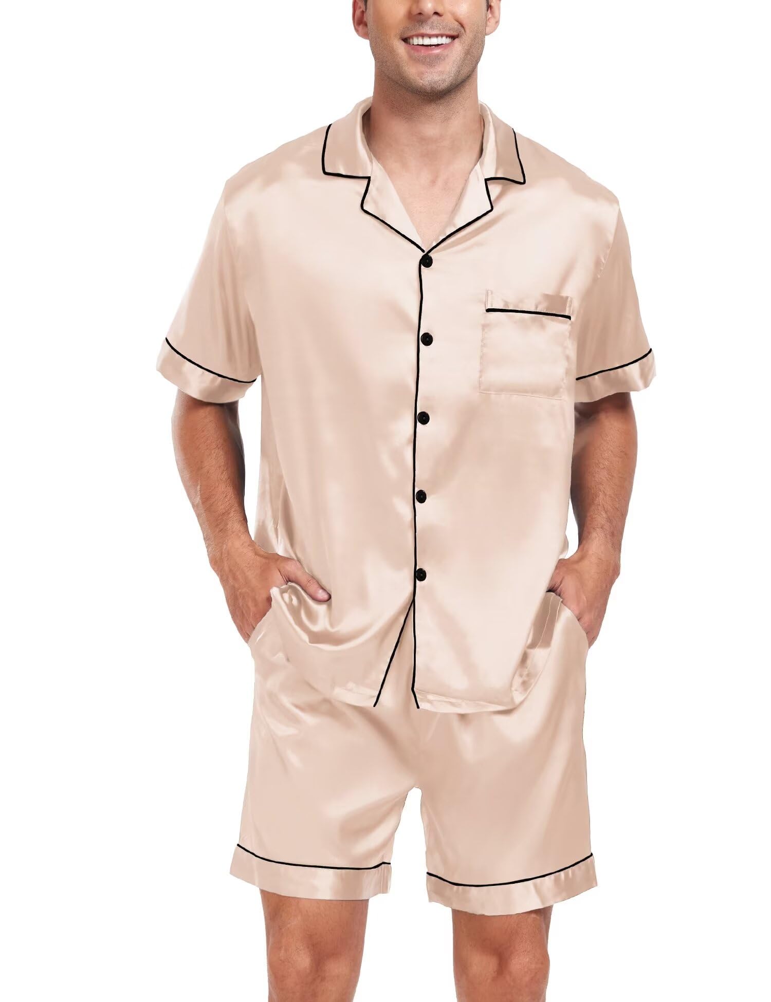 SWOMOG Couple Matching Pajamas Sets Women & Men Button Down Silk Pjs Men Short Sleeve Soft Lounge Sets 2 Pcs Loungewear