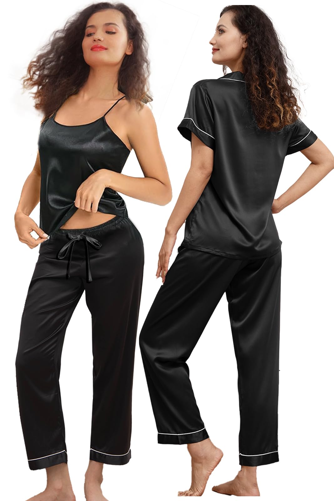 3Pcs Womens Satin Pajamas Set Silk Pj Sets Sexy Camisole Tops And Pants Silky Pajama XS-4XL Pjs Sleepwear WEBE CLOTHING