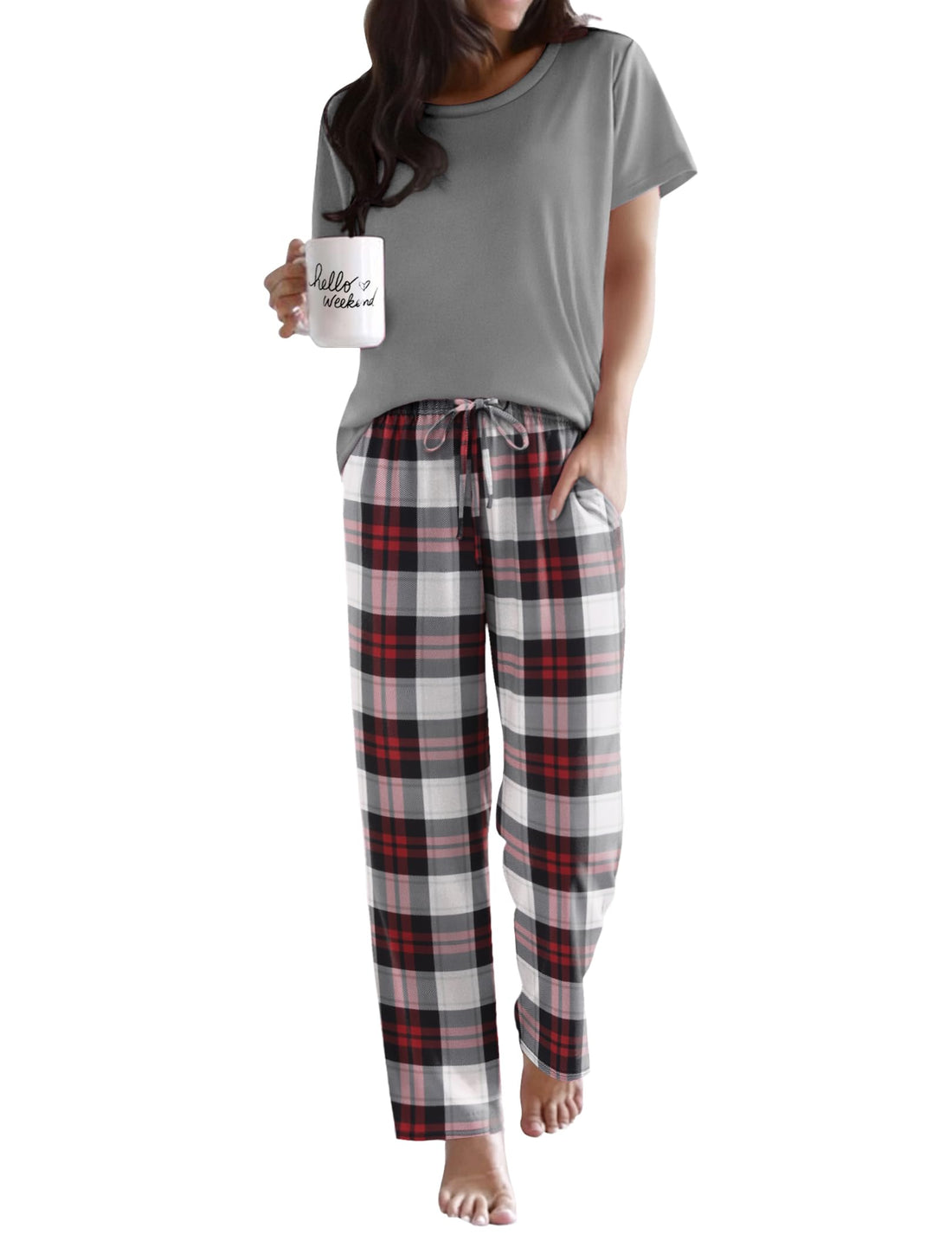 Ekouaer Pajama Sets for Women Round Neck Pjs Short Sleeve Sleepwear with Long Pants Loose Lounge Sets