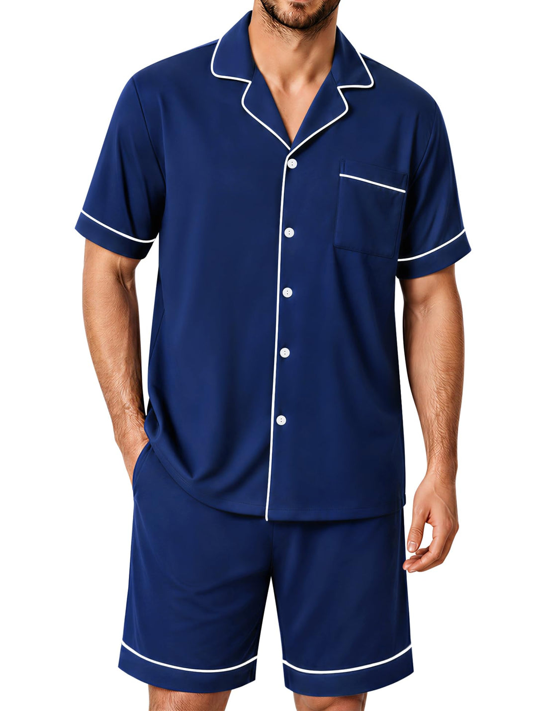 SWOMOG 100% Cotton Mens Pajama Set Short Sleeve Sleepwear Button Down Loungewear 2 PCS Cotton Pjs Set with Pockets WEBE CLOTHING