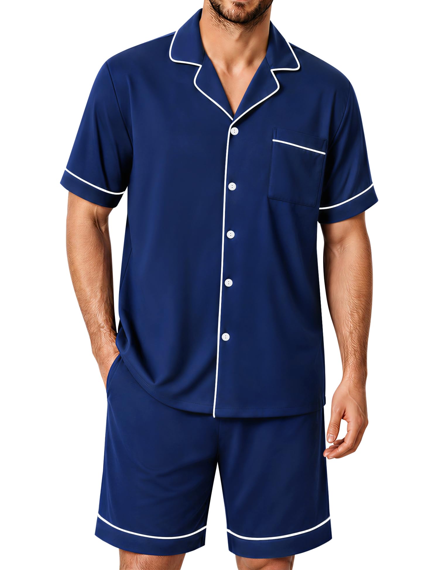 SWOMOG 100% Cotton Mens Pajama Set Short Sleeve Sleepwear Button Down Loungewear 2 PCS Cotton Pjs Set with Pockets WEBE CLOTHING