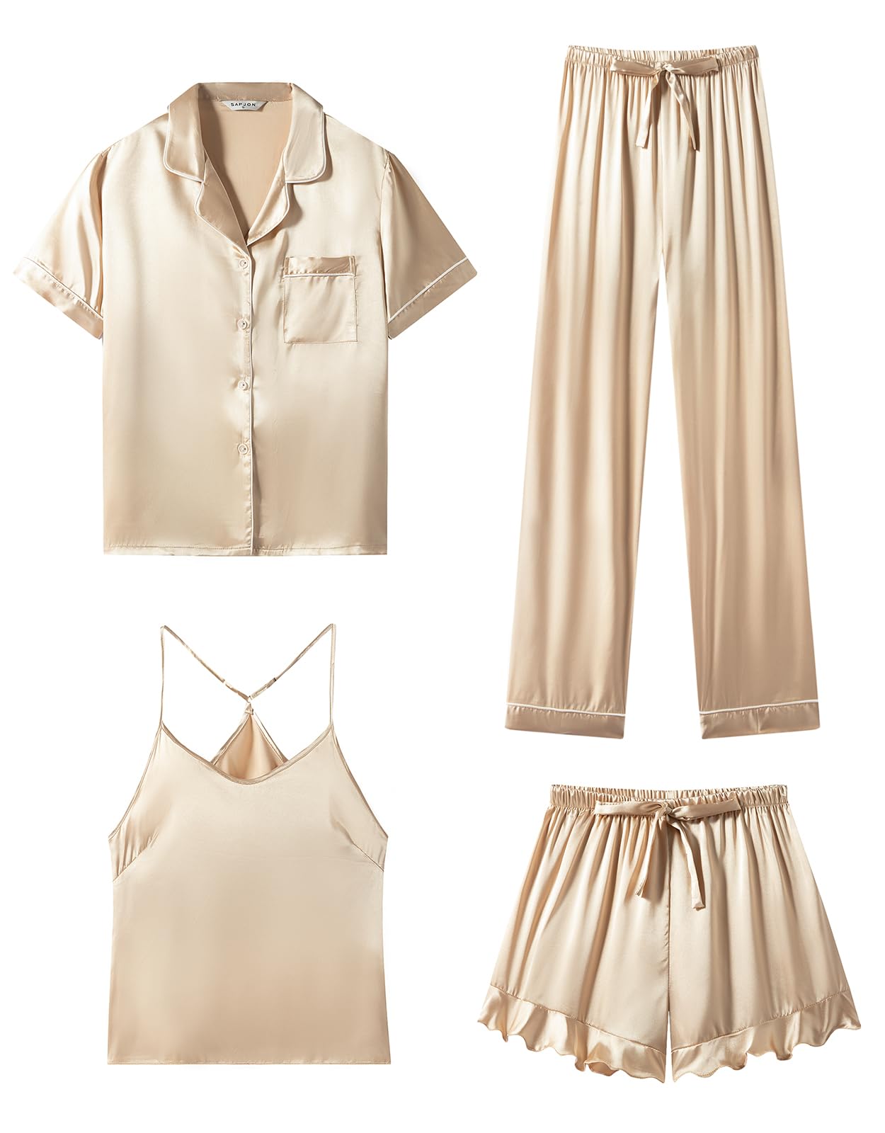 SAPJON Silk Pajamas for Women Set 4Pcs Ruffled Satin Pajamas Set Button Down Short Sleeve Cami Shorts Sleepwear Pj Set