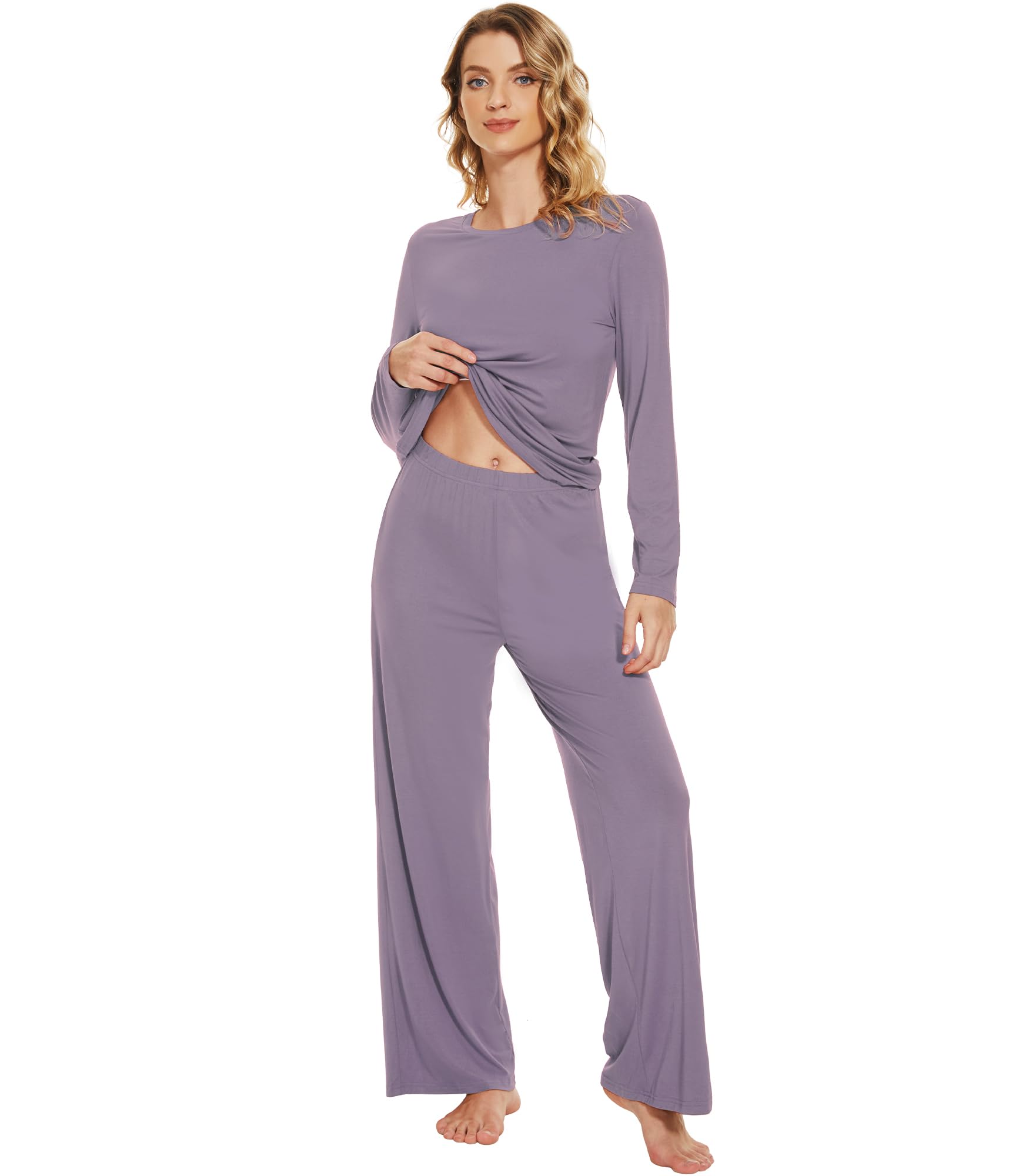 WiWi Bamboo Viscose Pajama Set for Women Super Soft Long Sleeve Top with Pants Loungewear Cooling 2 Piece Pjs Sets S-XXL