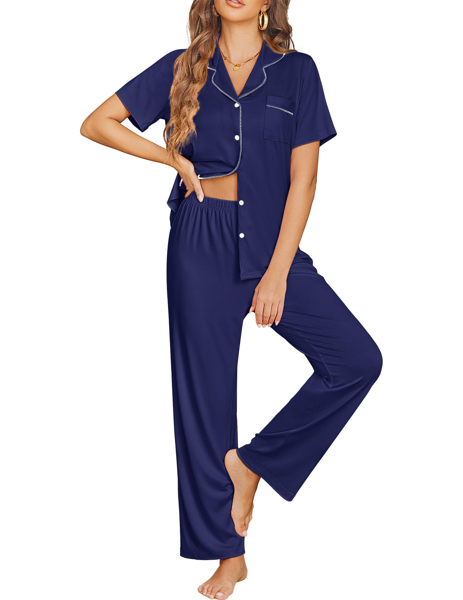 Ekouaer Womens Pajama Sets Button Down Pjs Lounge Sets 2 Piece Short Sleeve Sleepwear Soft Comfy Loungewear