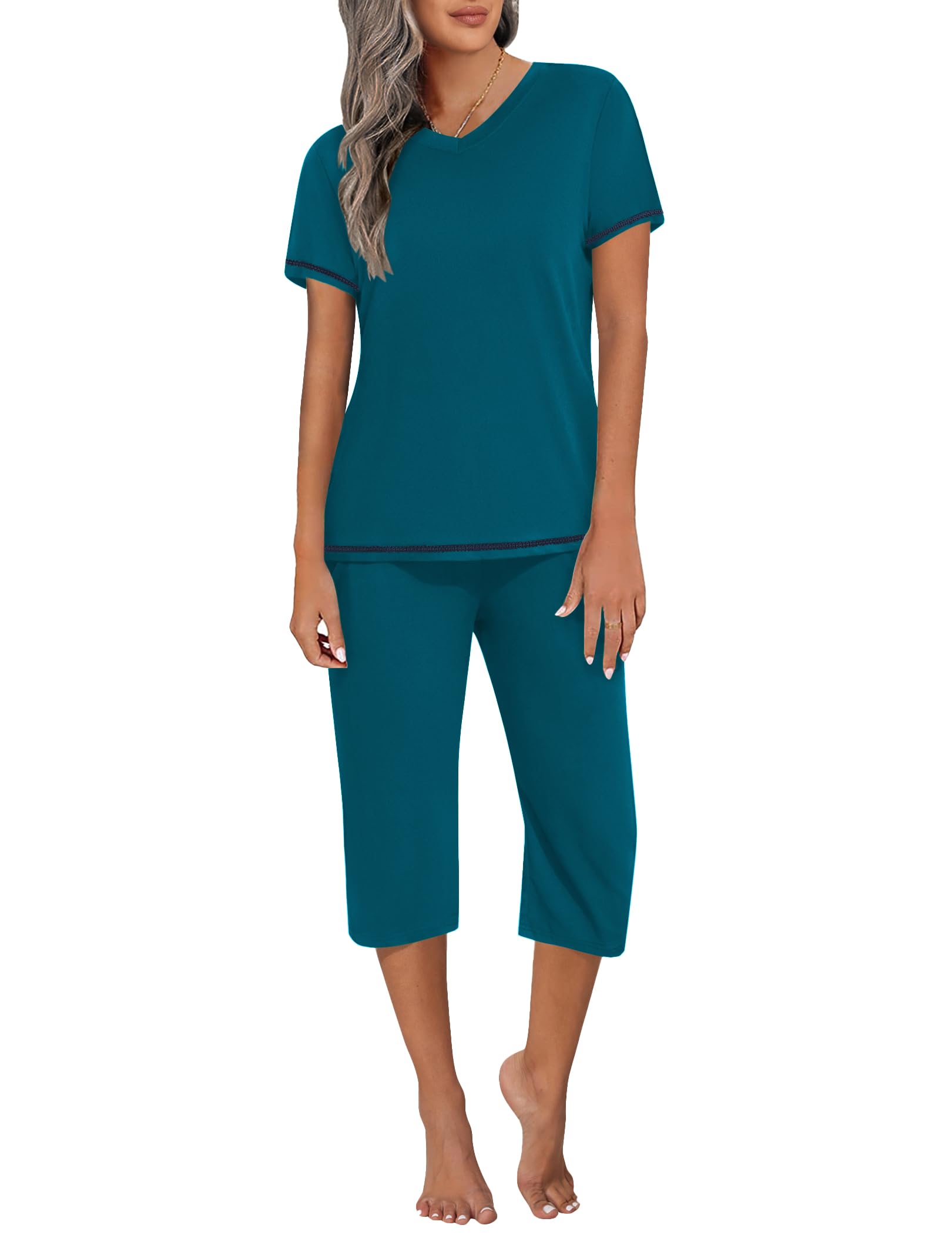 Ekouaer Women's Sleepwear Capri Pajama Sets Short Sleeve Two-Piece Pjs V Neck Tops & Capri Pants with Pockets S-3XL