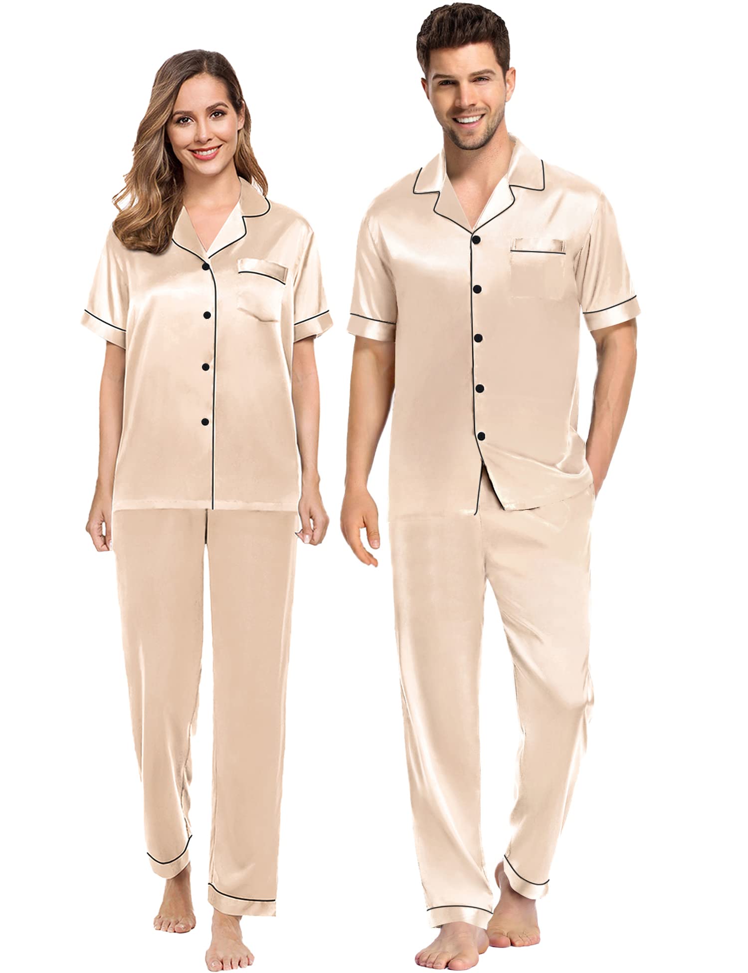 SWOMOG Couples Pajamas Sets Women & Men Satin Short Sleeve Sleepwear Button Down Loungewear Pjs Set with Long Pants