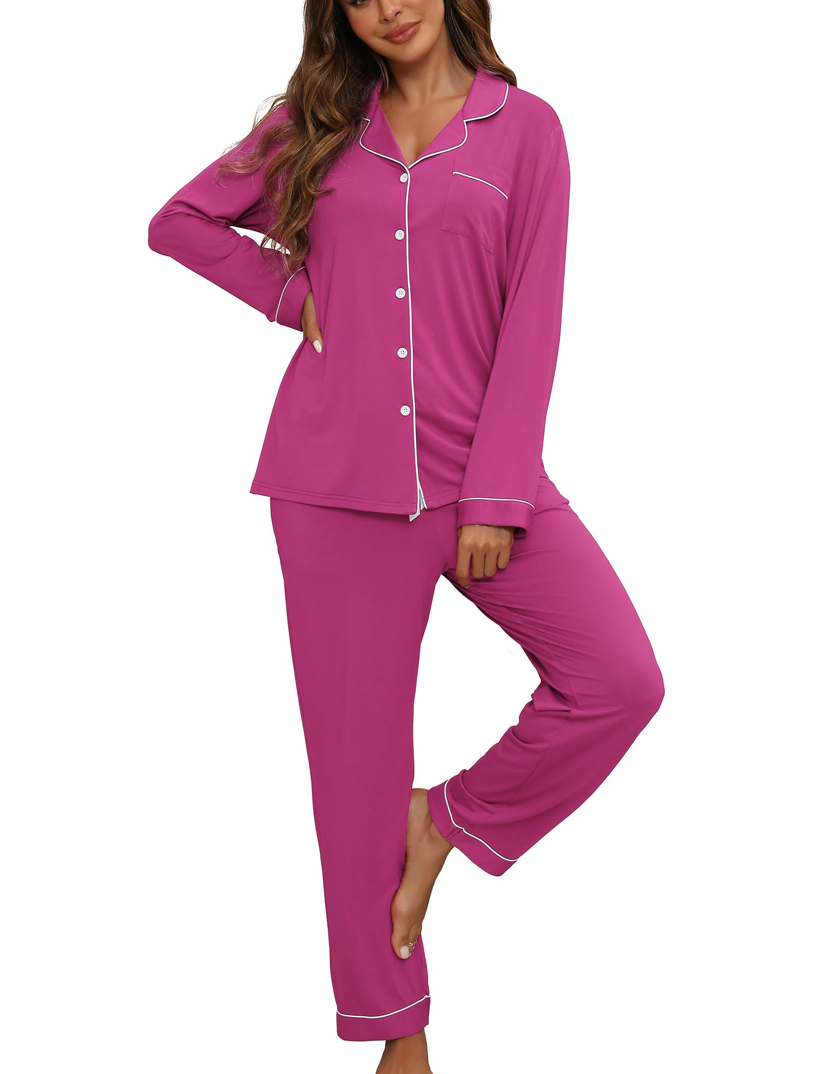 ZMJ Womens Pajamas Sets 2 Piece Long Sleeve and Pant Pj Sets Button Up Sleepwear