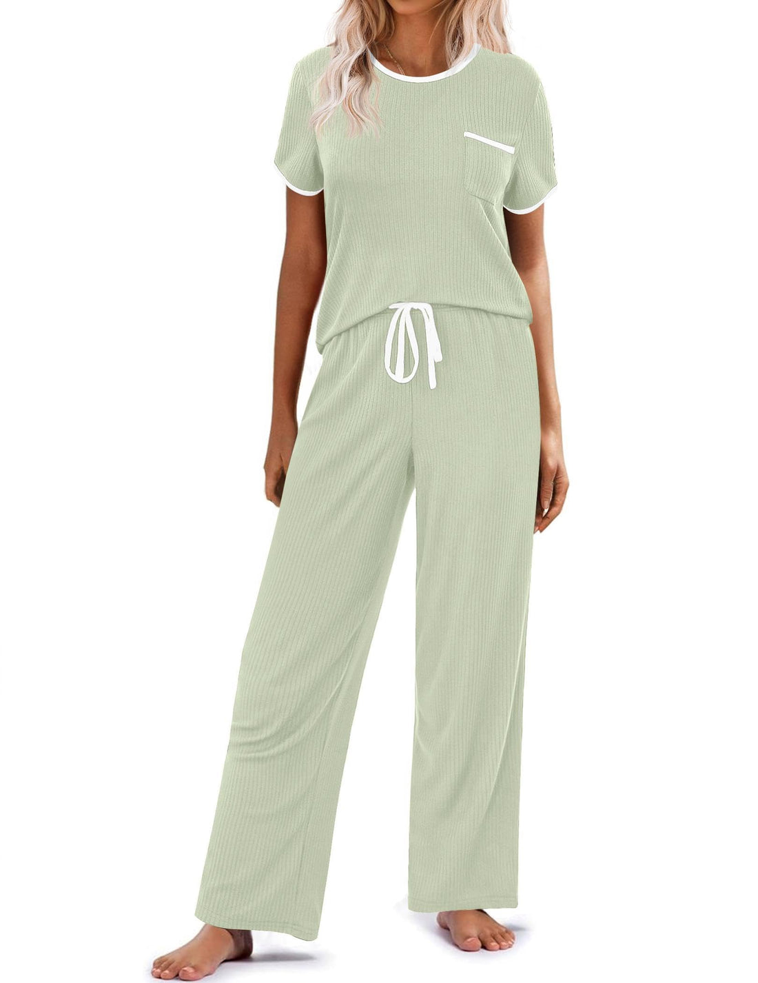 Ekouaer Women Lounge Pajamas Sets Ribbed Knit PJ Short Sleeve and Long Pajama Pant Soft 2 Piece Sleepwear Loungwear Set