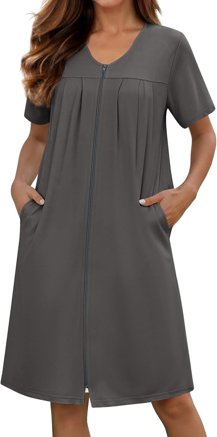 Ekouaer Zipper Robes for Women Short Knit Bathrobes Lightweight Knee Length Housecoat with Pockets Nightgown S-3XL