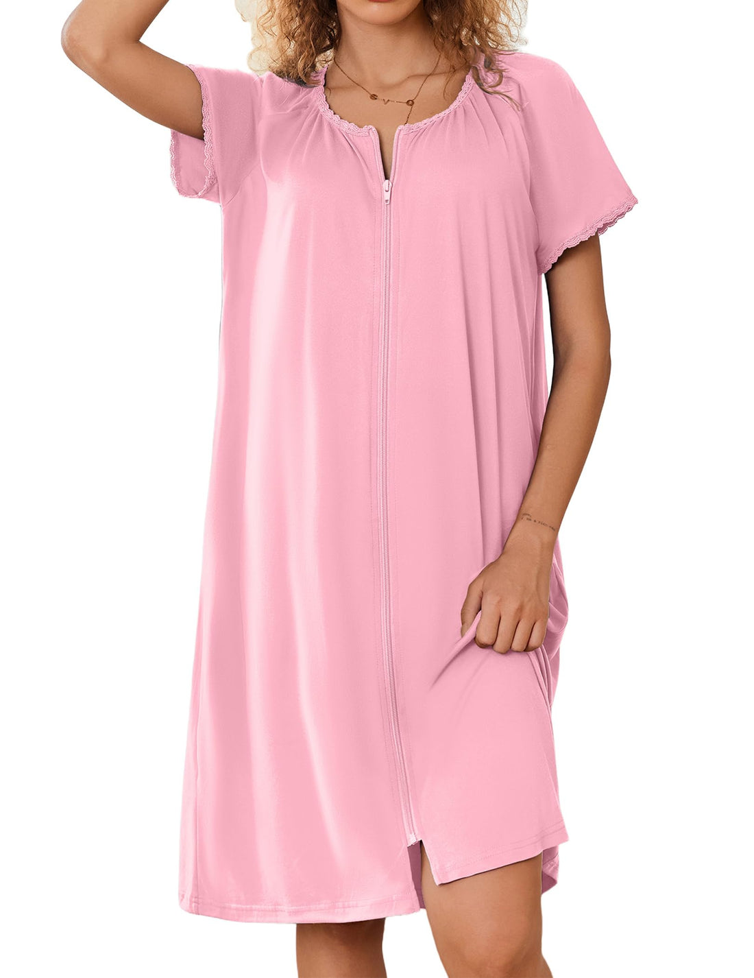 Ekouaer Zipper Robes for Women Short Sleeves Knit Bathrobes Knee Length Soft Lace Trim Loungewear with Pockets S-3XL WEBE CLOTHING
