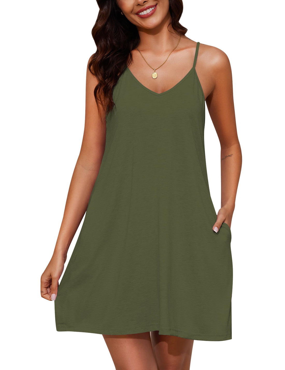 Marvmys Womens Cotton Sleeveless Nightgown Spaghetti Strap V Neck Full Slip Sleep Dress with Pockets WEBE CLOTHING