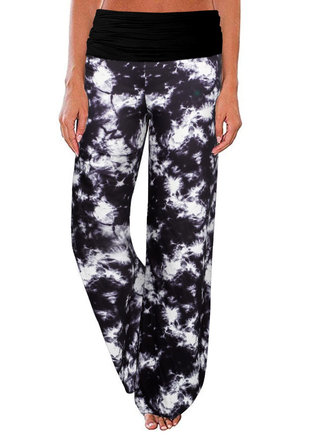 Gracyoga Women's Comfy Pajama Pants Wide Leg Lounge Palazzo Yoga Pants Stretch Casual Floral Print Fold Waist Pants