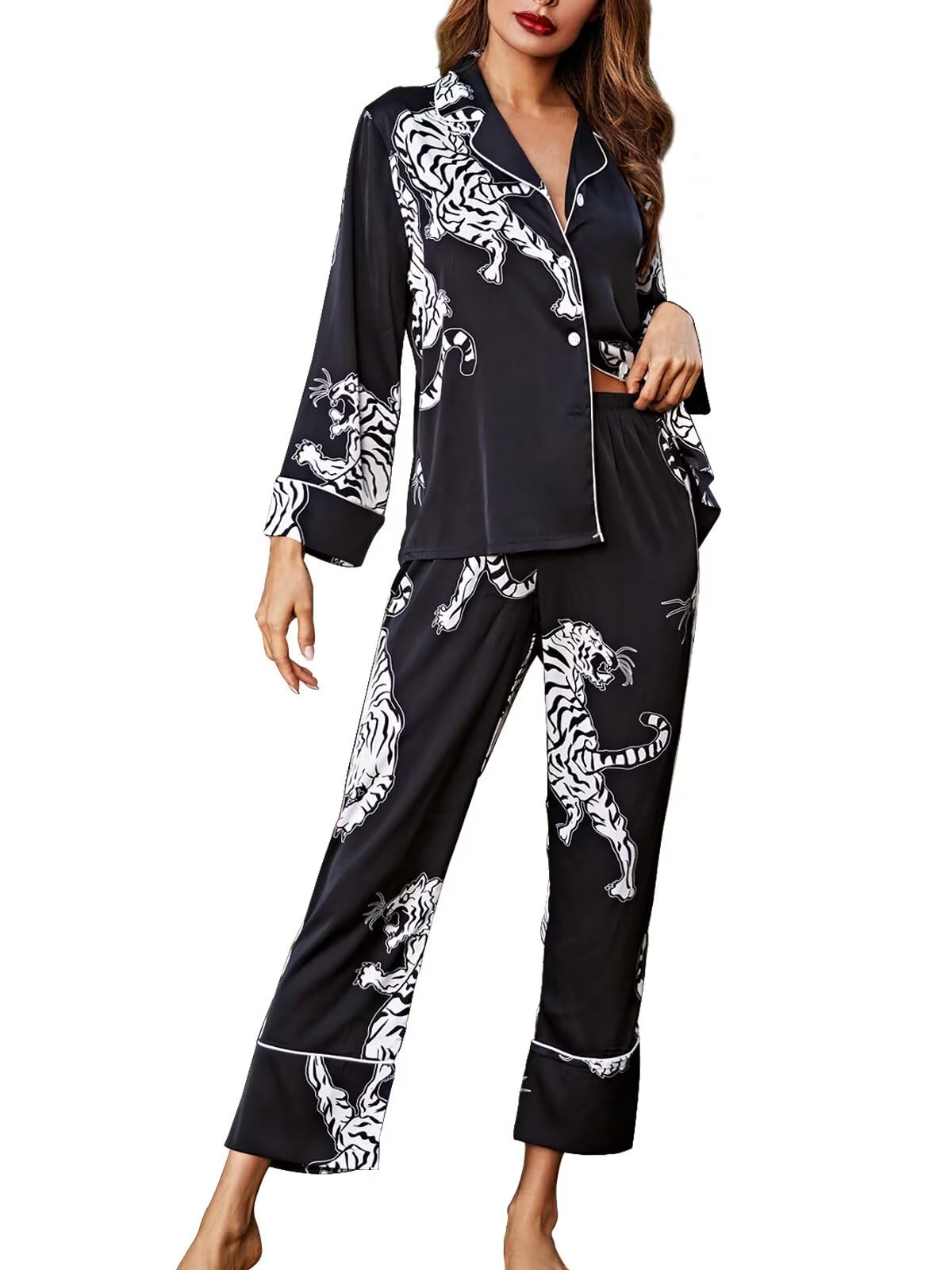 Brosloth Women's Silk Satin Pajamas Long Sleeve Button Up Loungewear Set | Button Down Animal Print Pajamas, Ladies Fancy Pajama sets, Two Piece Lounge Set, Notch Collar Lightweight Sleepwear, Gift WEBE CLOTHING