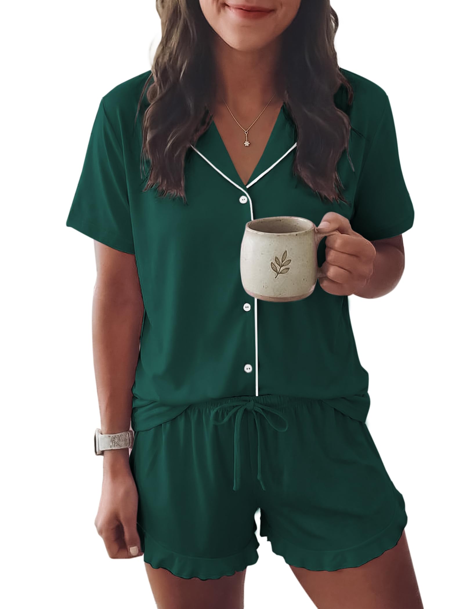 Ekouaer Womens Pajama Sets Button Down Short Sleeve Top and Shorts Cute Ruffled Pjs Sets Sleepwear