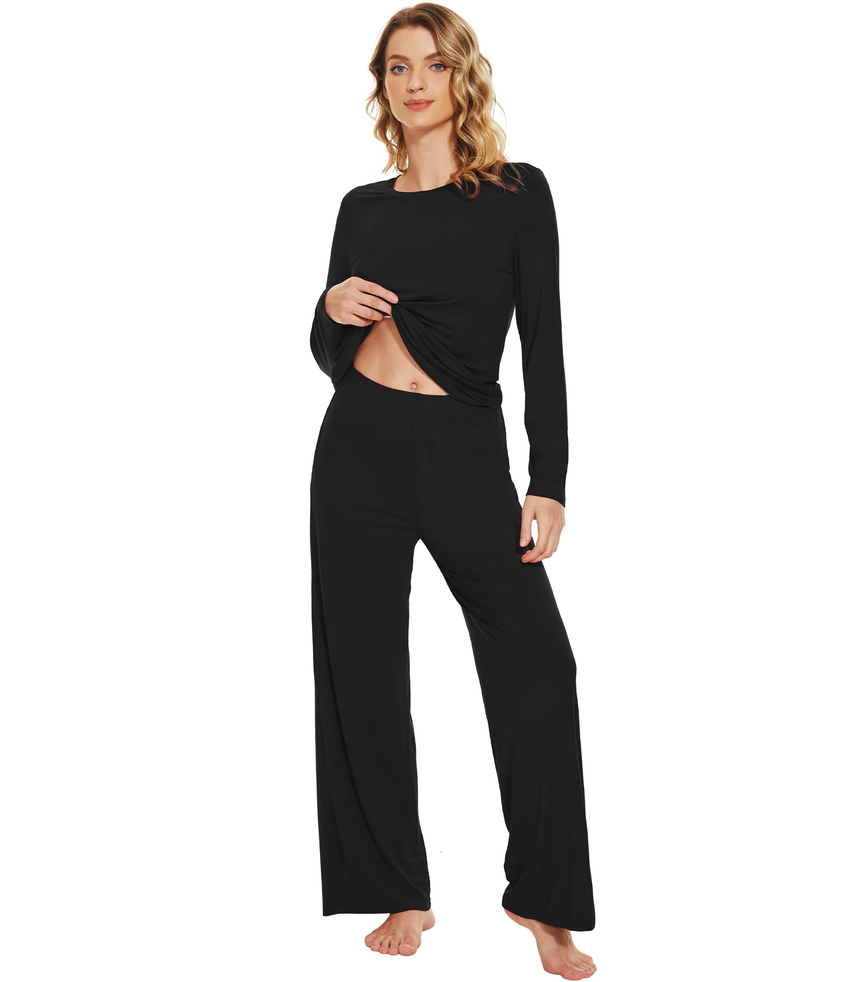 WiWi Bamboo Viscose Pajama Set for Women Super Soft Long Sleeve Top with Pants Loungewear Cooling 2 Piece Pjs Sets S-XXL