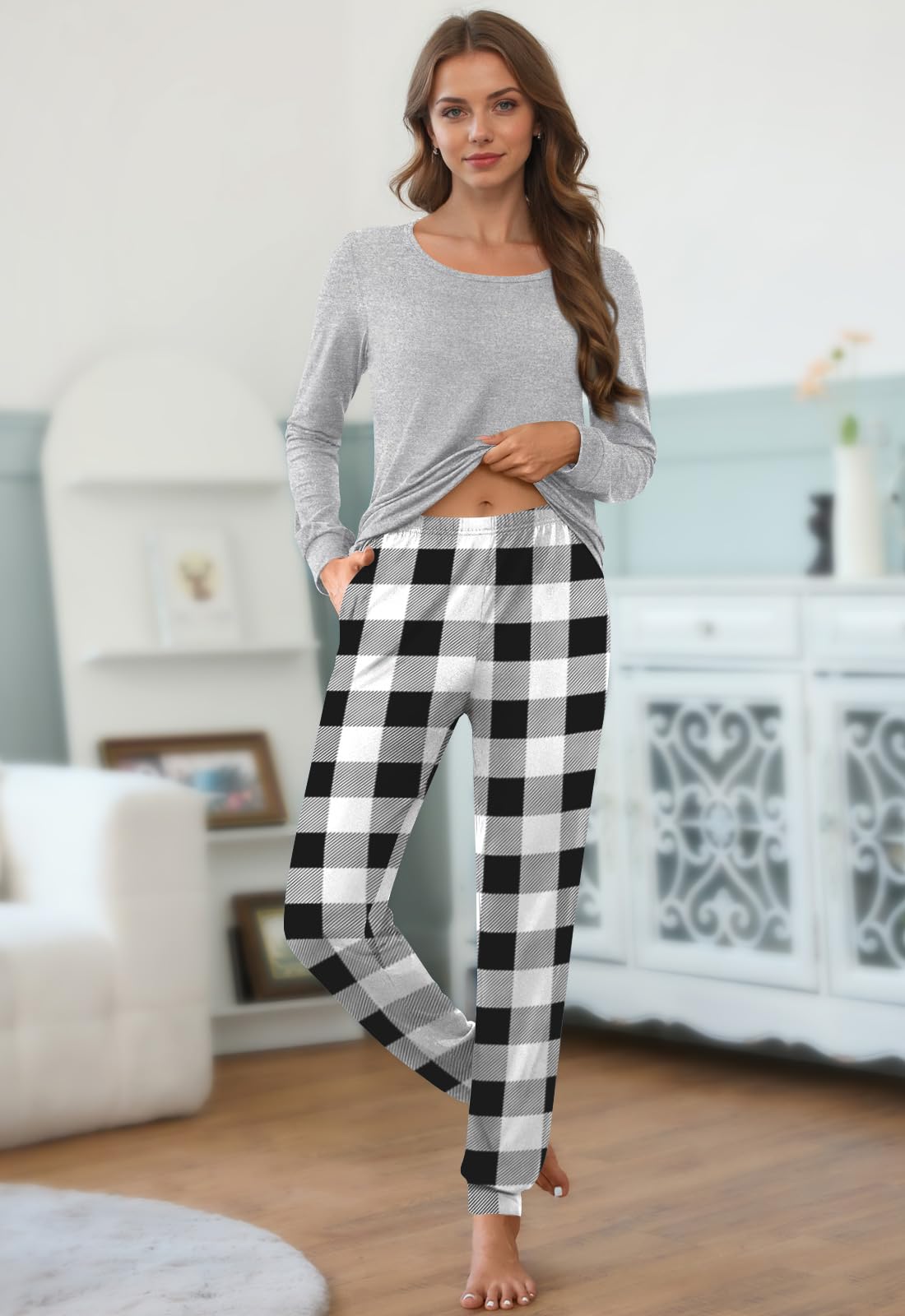 HOTGIFT Womens Pajamas Sets, 2 Piece Lounge Pjs Set Long Sleeve Long Pant Ladies Sleepwear with Pockets Soft
