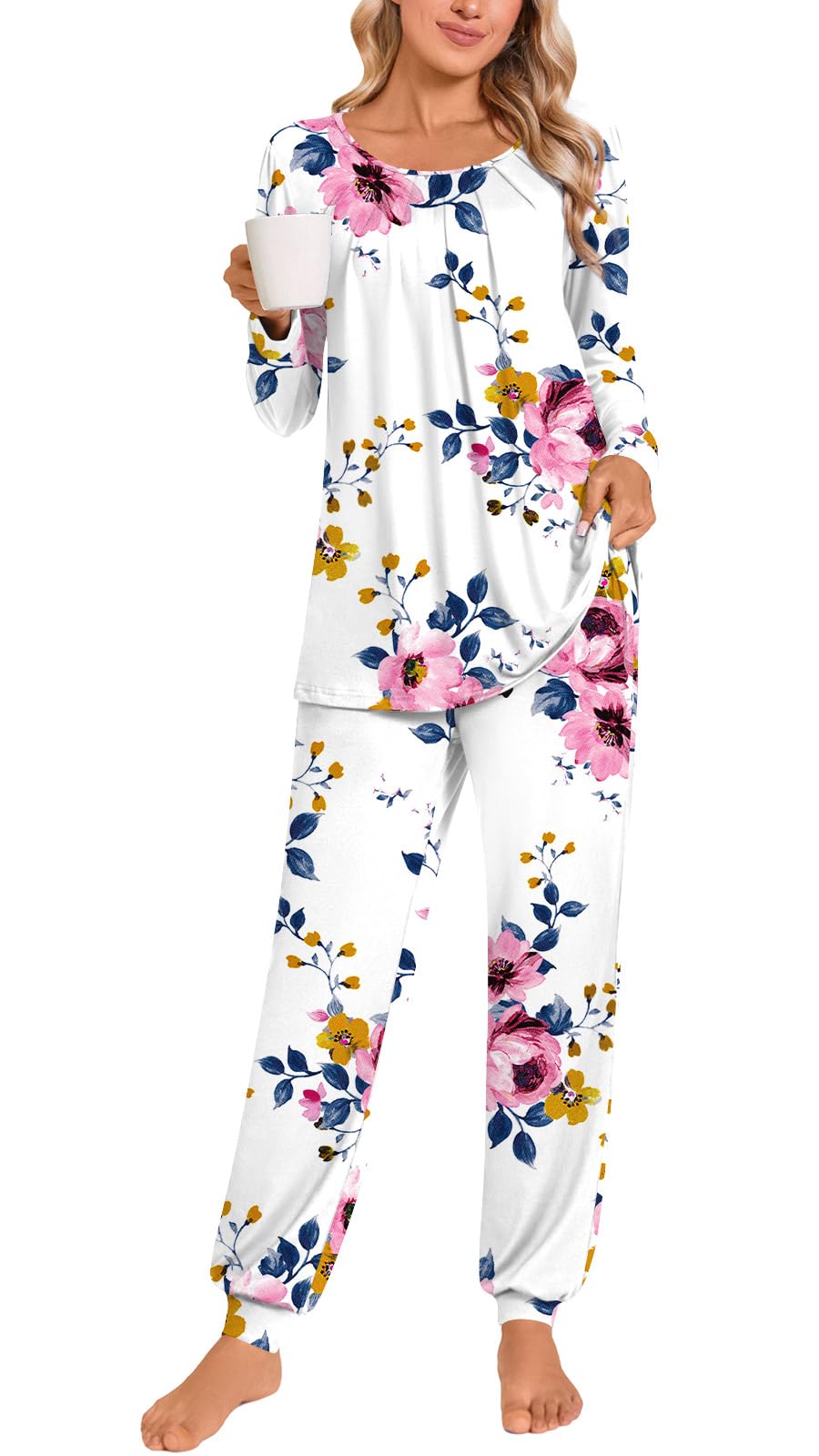 Anymeet Womens Pajama Sets Fall Winter Long Sleeve 2 Piece Sleepwear Soft Lounge Outfits with Pockets