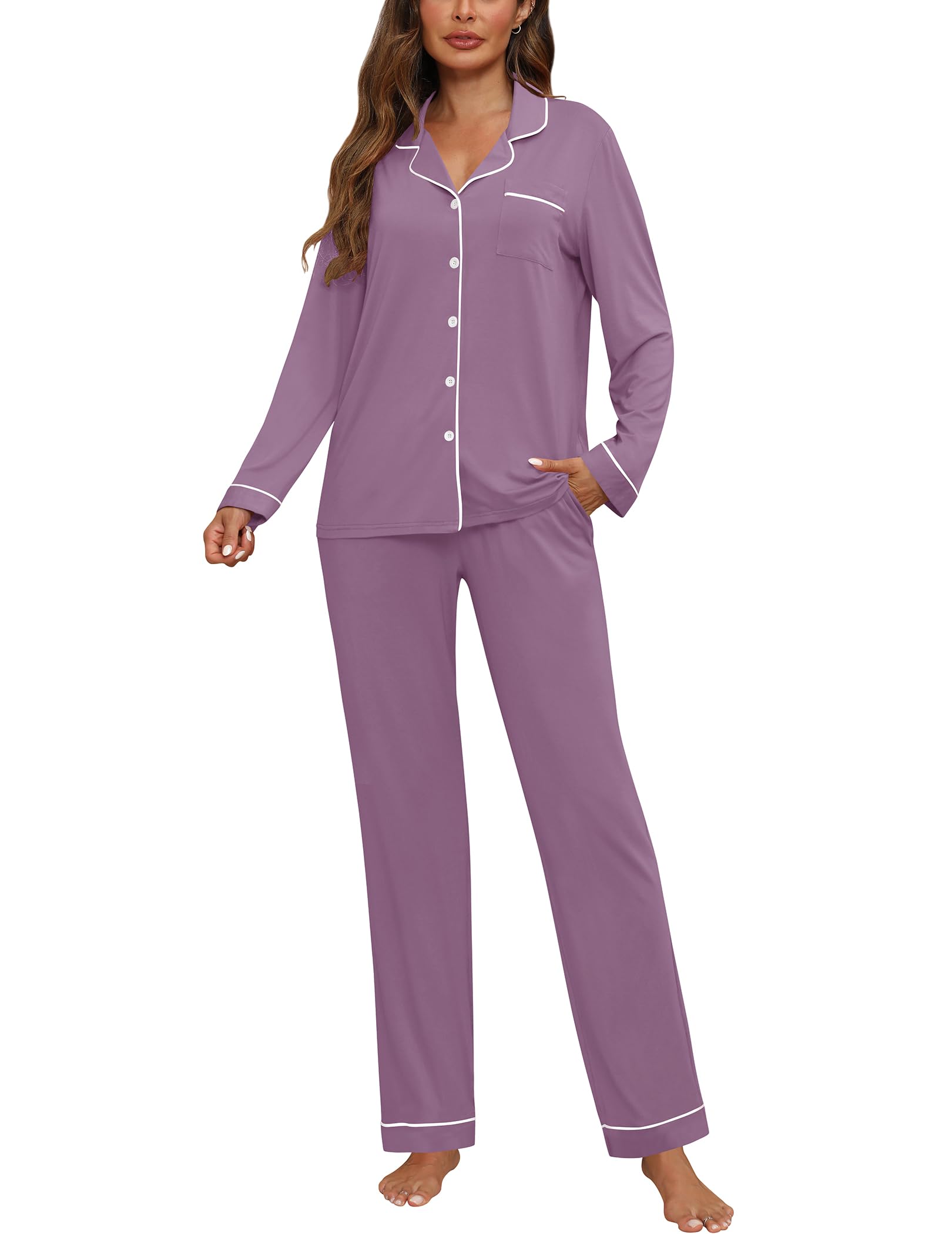 ZMJ Womens Pajamas Sets 2 Piece Long Sleeve and Pant Pj Sets Button Up Sleepwear