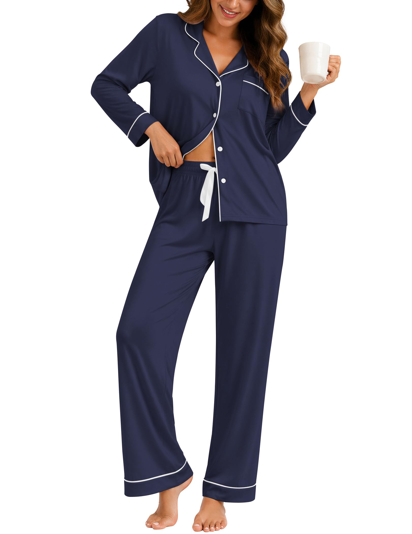 ZMJ Womens Pajamas Sets 2 Piece Long Sleeve and Pant Pj Sets Button Up Sleepwear