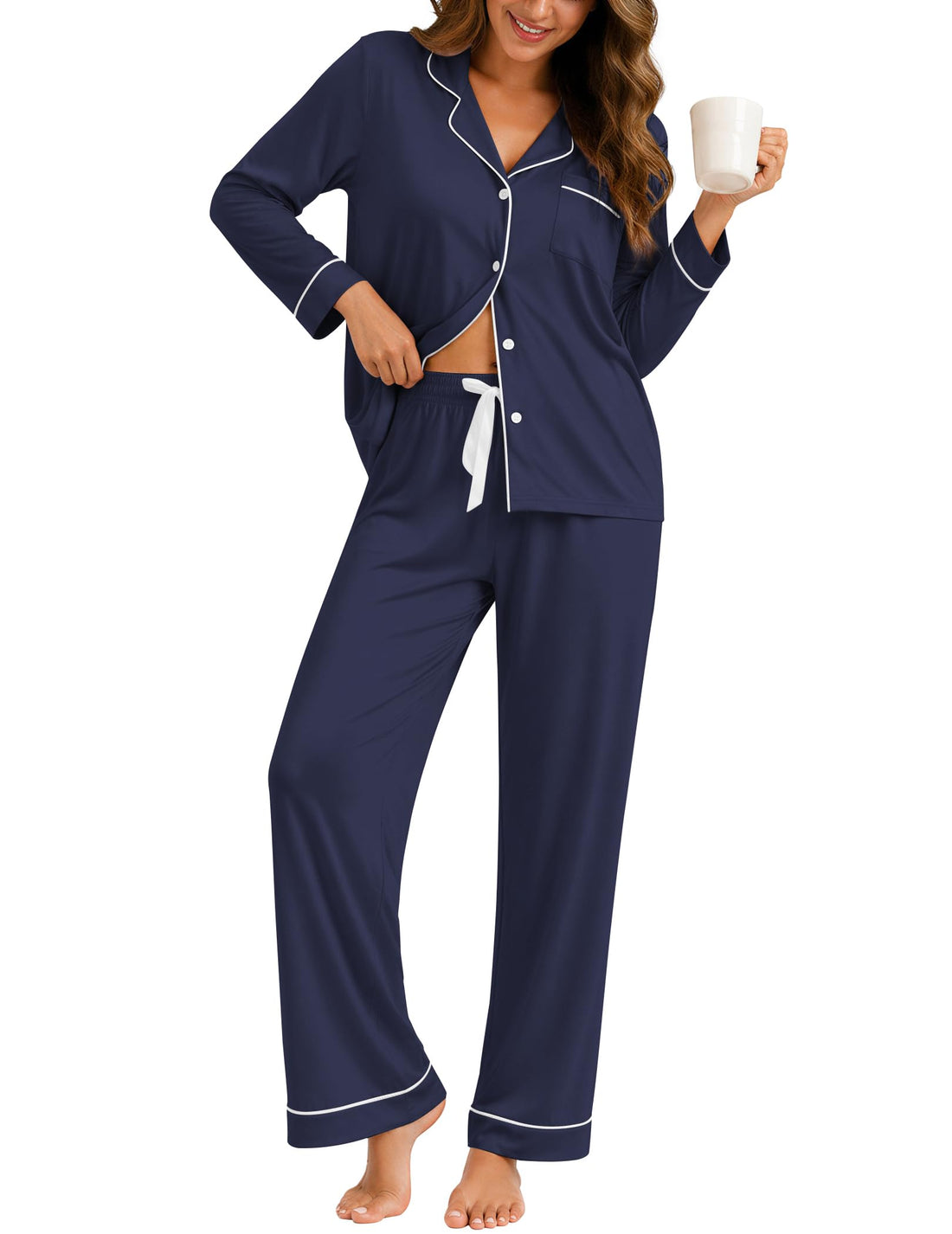 ZMJ Womens Pajamas Sets 2 Piece Long Sleeve and Pant Pj Sets Button Up Sleepwear