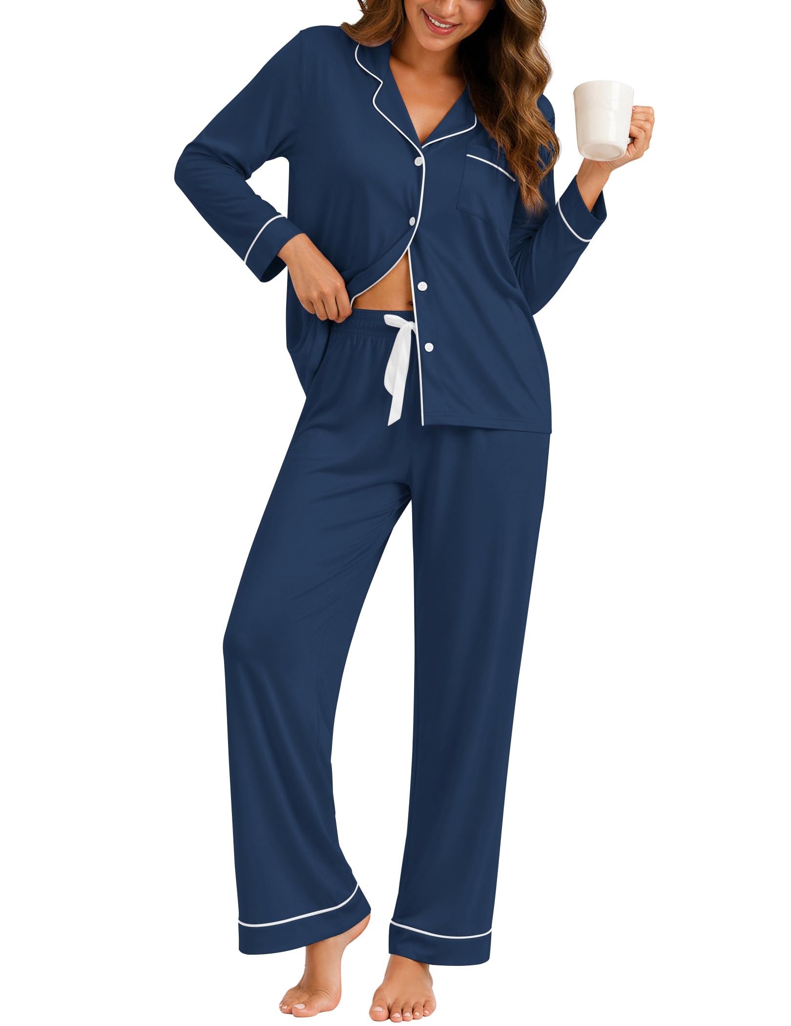 ZMJ Womens Pajamas Sets 2 Piece Long Sleeve and Pant Pj Sets Button Up Sleepwear
