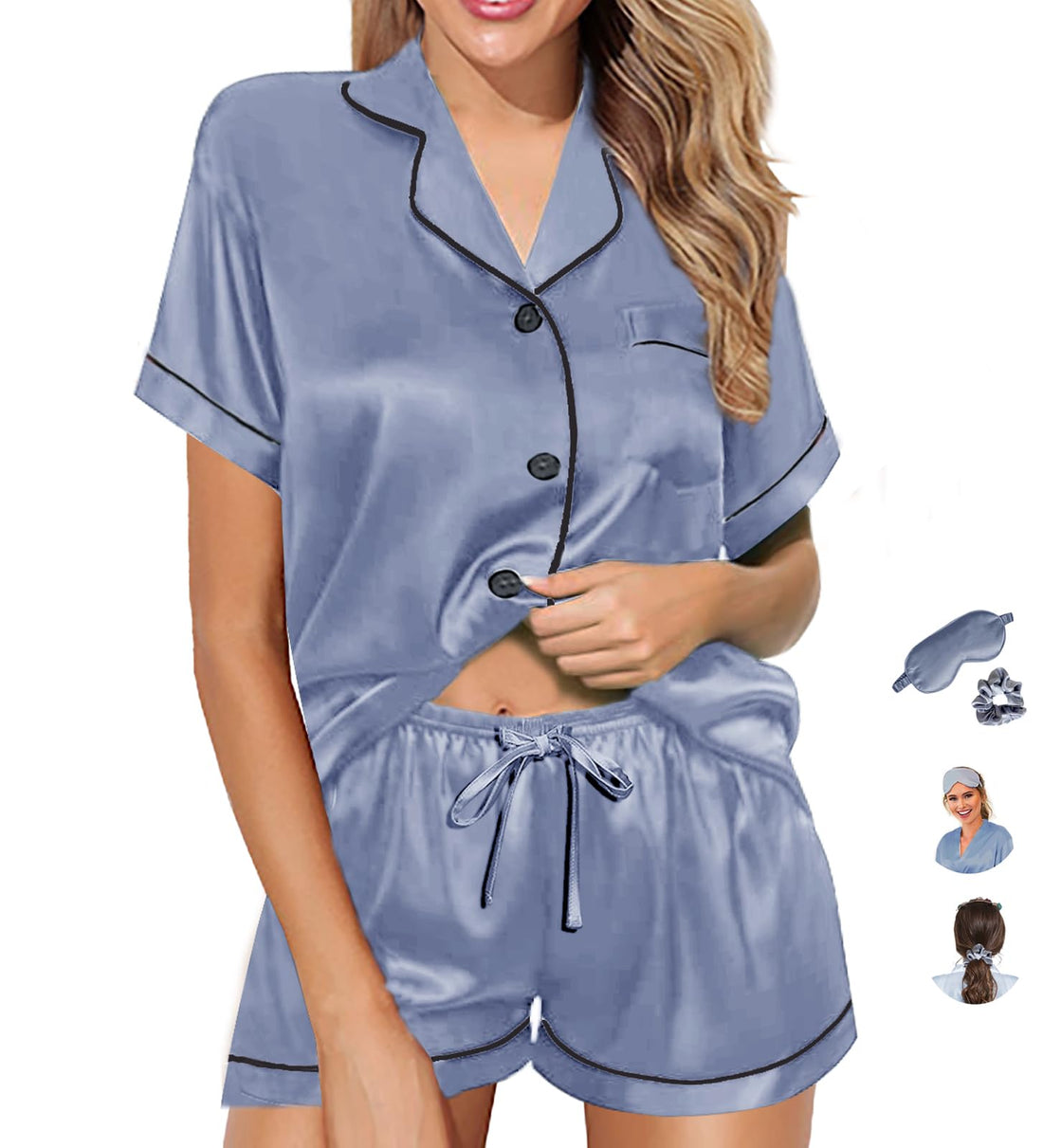 WJing Yi Jia Womens Pajama Sets XS-4XL Silk Satin Pajamas Set Floral 2Pcs Pj Sets Button Down Pjs Set Sleepwear Loungewear