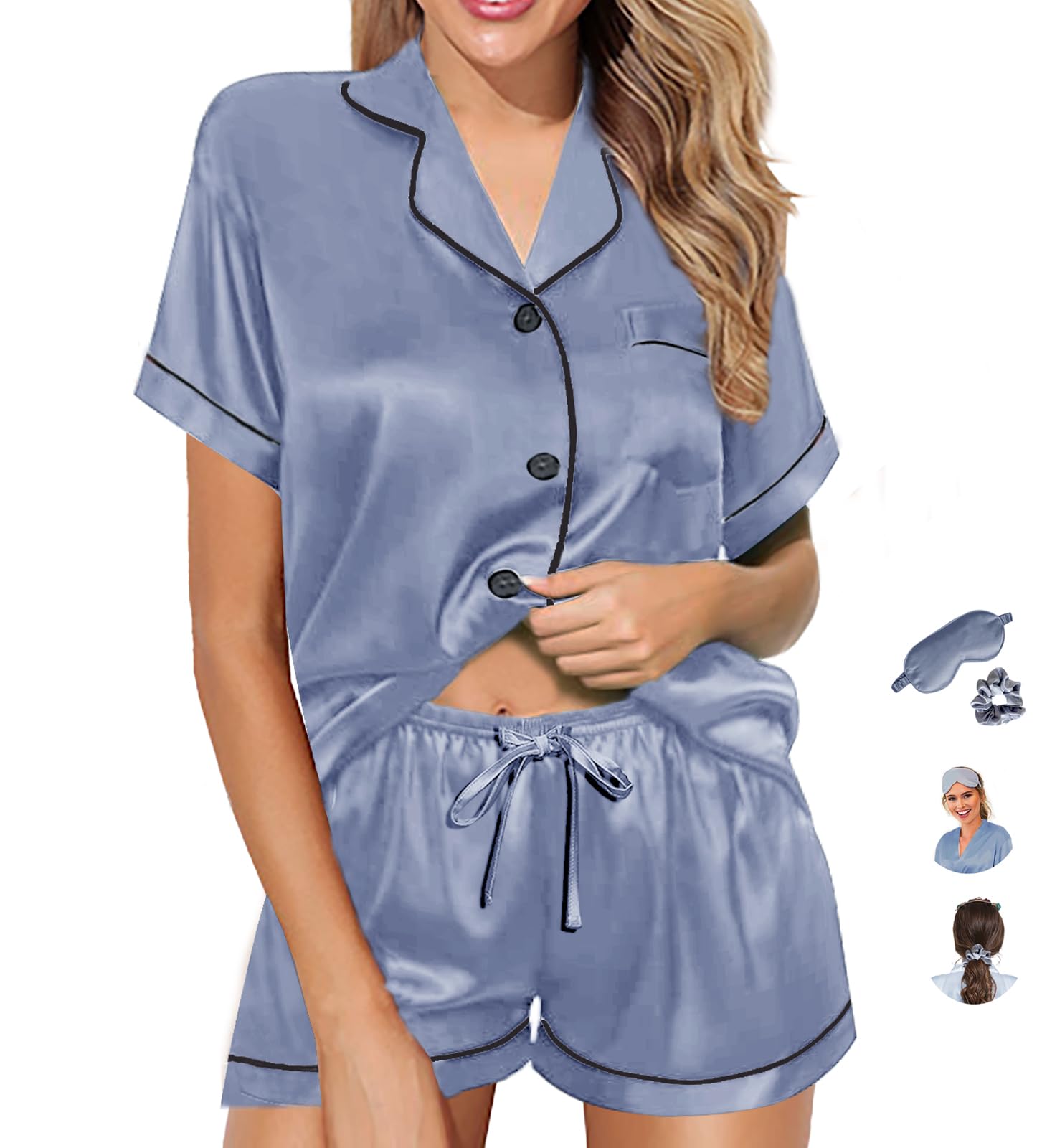 WJing Yi Jia Womens Pajama Sets XS-4XL Silk Satin Pajamas Set Floral 2Pcs Pj Sets Button Down Pjs Set Sleepwear Loungewear