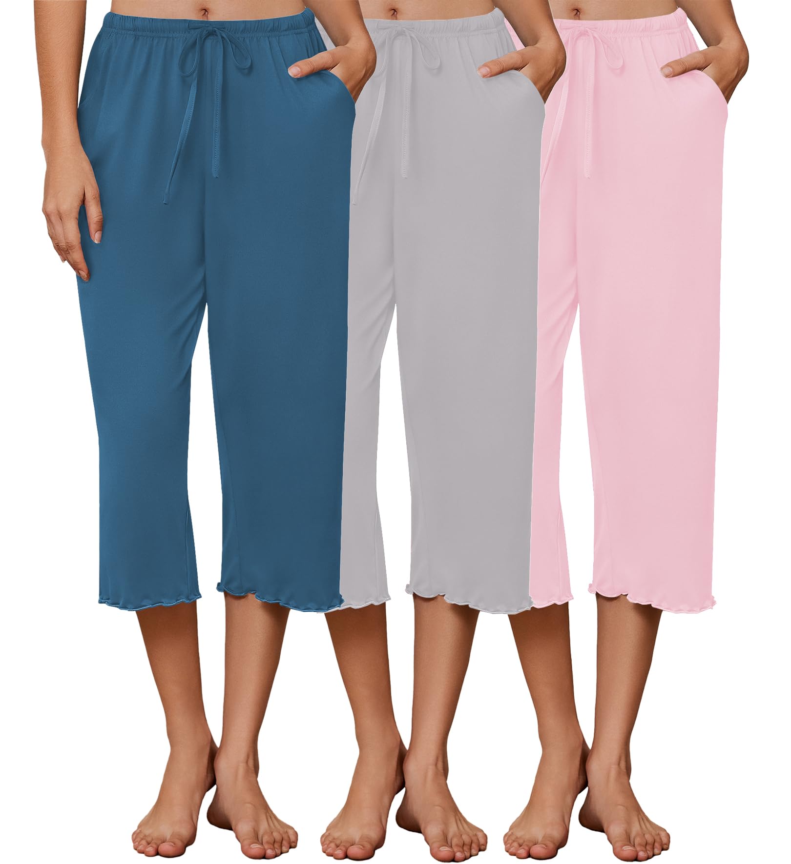 Ekouaer 3 Pack Women Capri Pajama Pants 2026 Ruffle Hem Lounge Pants Drawstring Pj Bottoms with Pockets