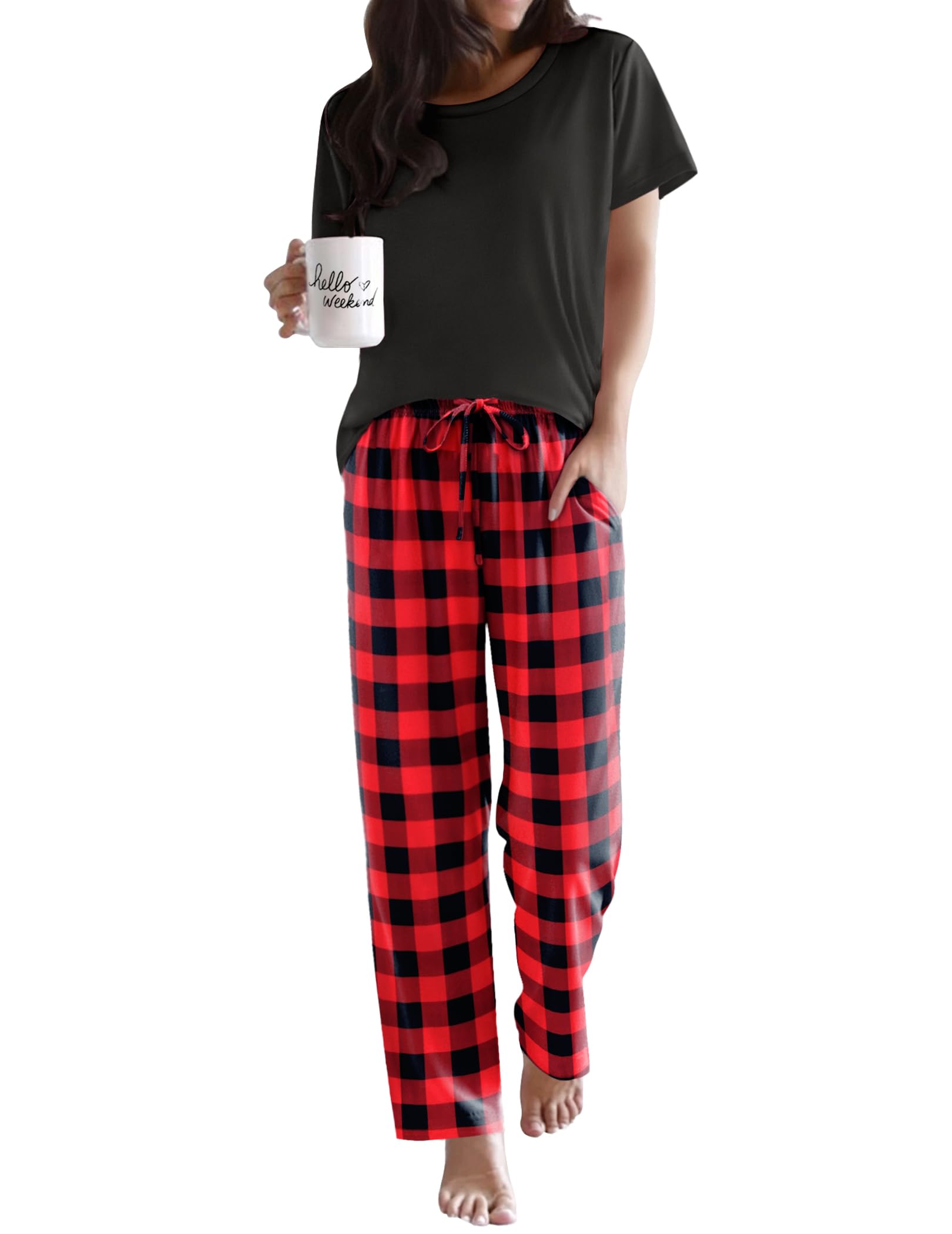Ekouaer Pajama Sets for Women Round Neck Pjs Short Sleeve Sleepwear with Long Pants Loose Lounge Sets