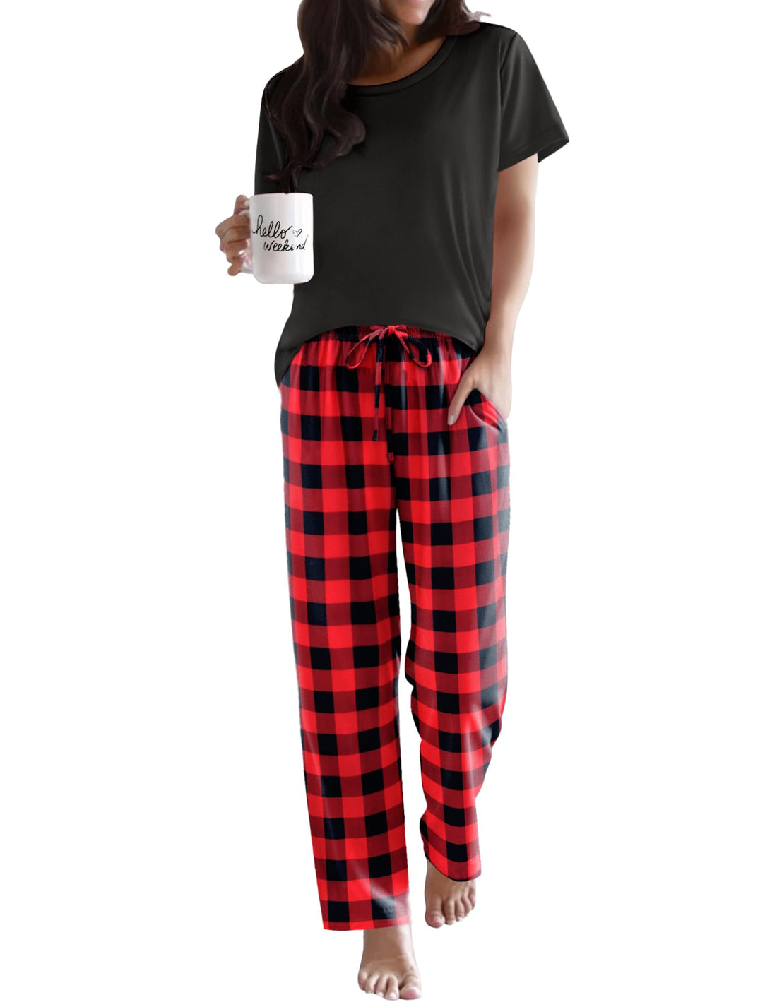 Ekouaer Pajama Sets for Women Round Neck Pjs Short Sleeve Sleepwear with Long Pants Loose Lounge Sets