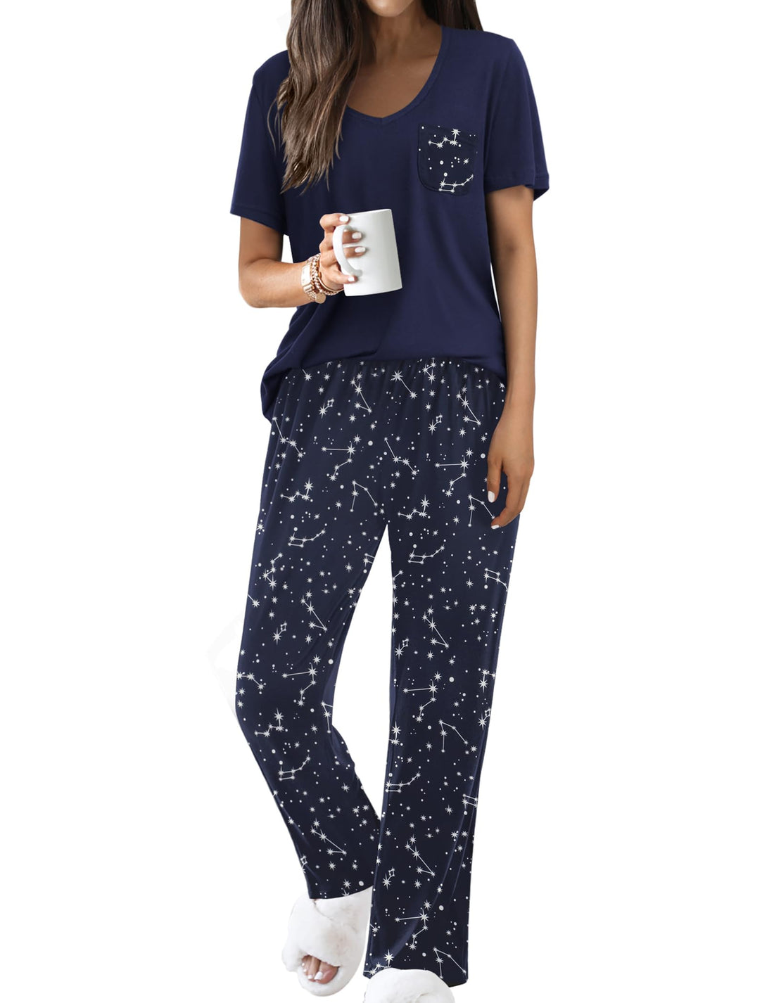 Ekouaer Pajama Sets for Women Short Sleeve Pj Set V Neck Sleepwear Chest Pocket with Long Pants Casual Loose Loungewear WEBE CLOTHING