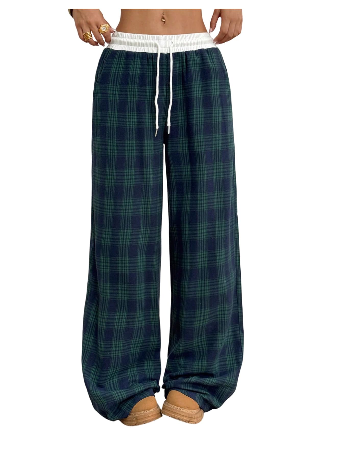 SOLY HUX Women's Plaid Checkered Pants Flannel Pajama Pants Lounge Wide Leg Baggy Sweatpants with Pockets