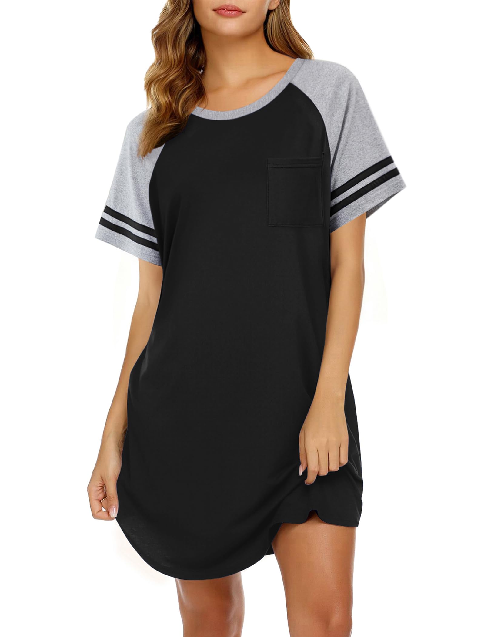 Ekouaer Nightgowns for Women Short Sleeve Sleepshirts Crew Neck Nightshirts Color Block Pajamas Dress Soft Sleepwear WEBE CLOTHING