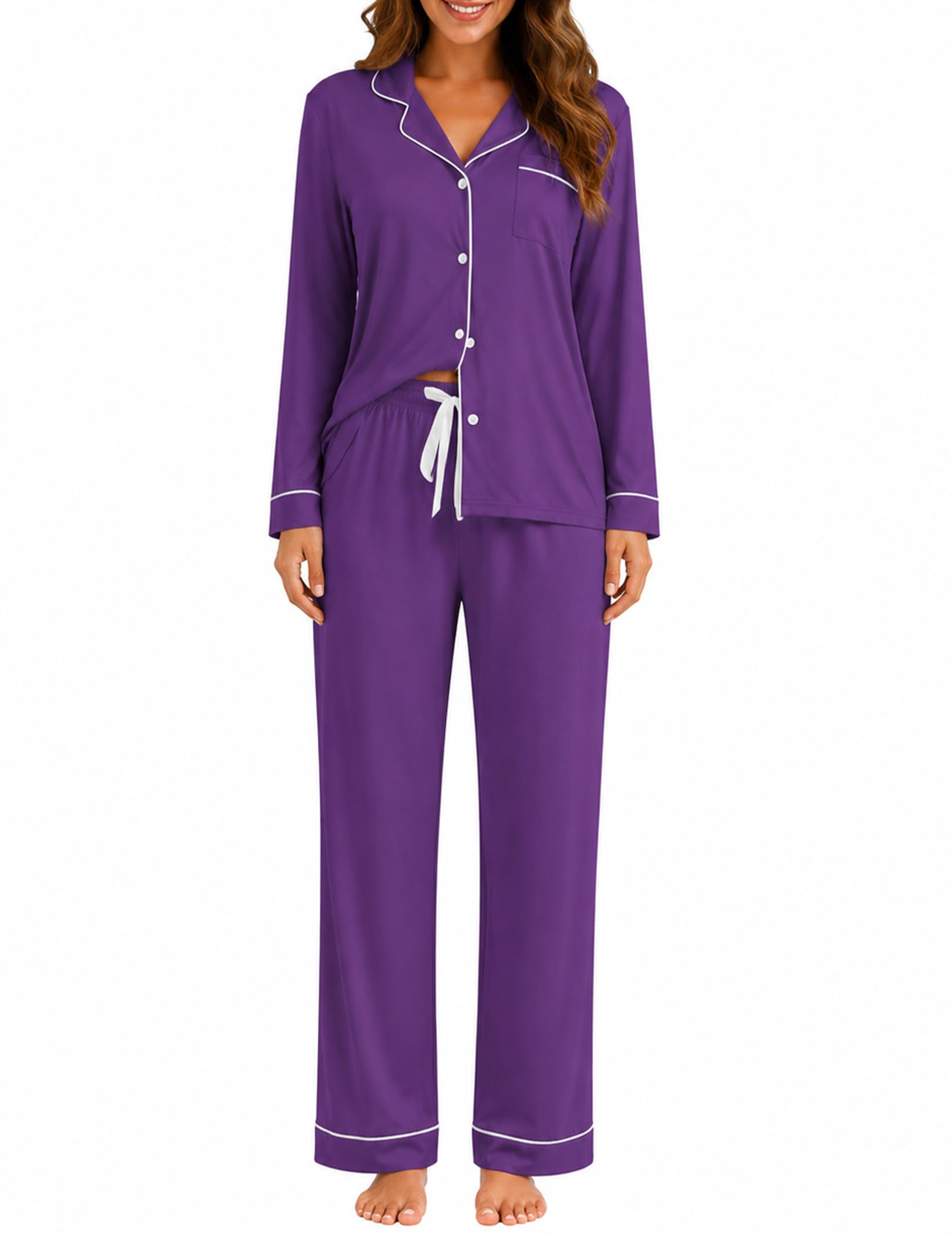 ZMJ Womens Pajamas Sets 2 Piece Long Sleeve and Pant Pj Sets Button Up Sleepwear