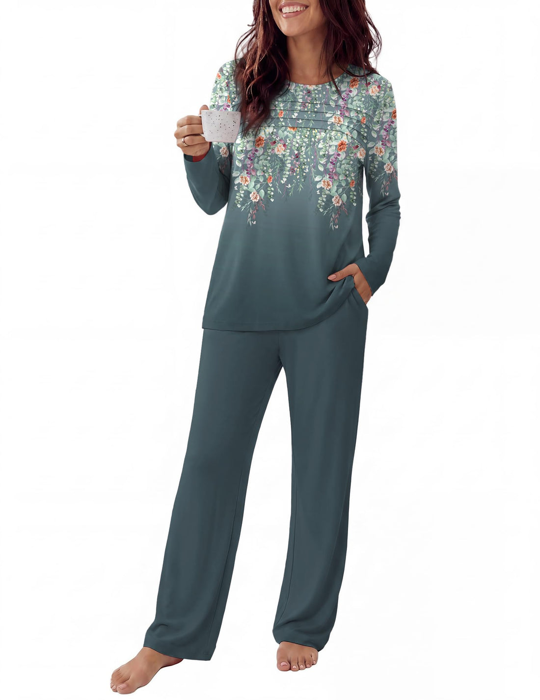Ekouaer Womens Pajama Sets Pleated Tops with Long Pants Lounge Set Long Sleeve Fall Sleepwear Ladies Pjs S-XXL