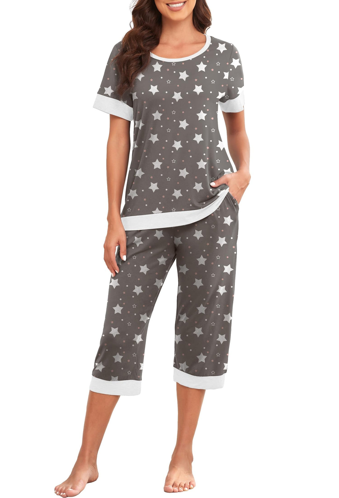 PrinStory Women's Pajama Set Short Sleeve Shirt and Capri Pants Sleepwear Pjs Sets Lounge Set WEBE CLOTHING