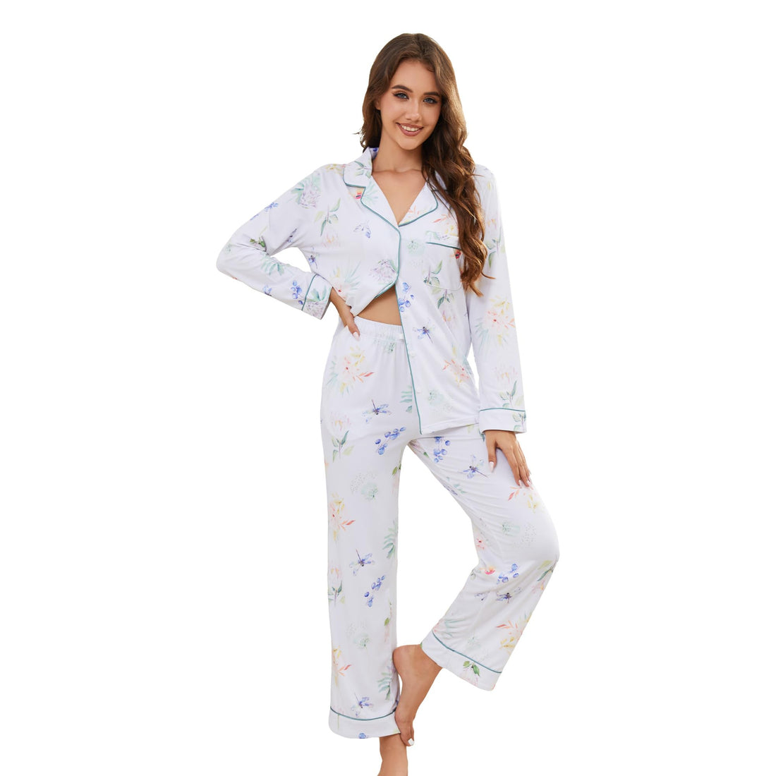 LYCY Womens Pajama Sets Floral Print, Long Sleeve Button Down Pajamas Set for Women Soft Sleepwear Pjs 2 piece Loungewear