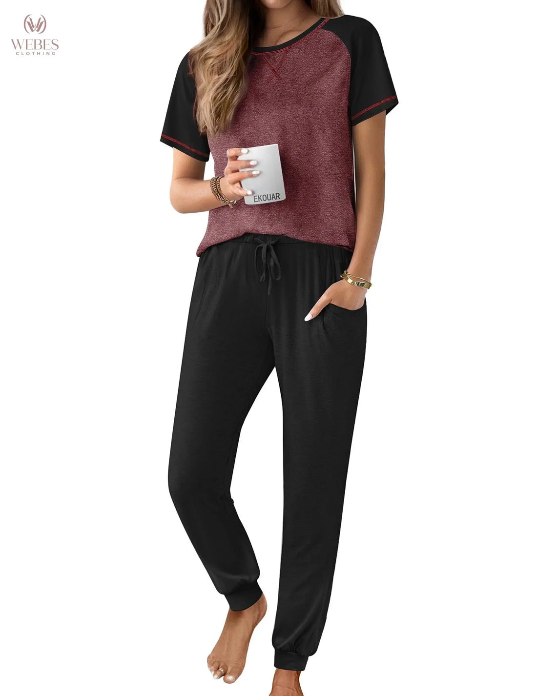 Ekouaer Pajamas for Women Set Short Sleeve PJ Set 2 Piece Jogger Pants | Soft Women Pajama Sets with Cozy Sleepwear Lounge Set Style Featuring Pockets Raglan Short Sleeve Top and Jogger Pants WEBE CLOTHING