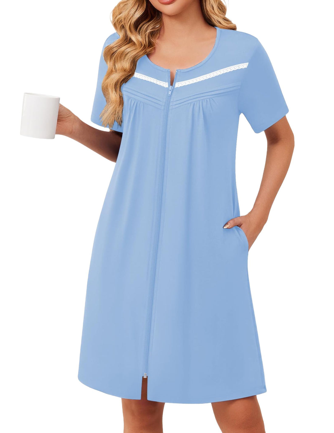 Ekouaer Womens Zip Up Robe Lace Short Sleeve Bathrobes | Knee Length Zipper Housecoat, Lightweight Nightgowns,Zipper Front House Coat with Pockets