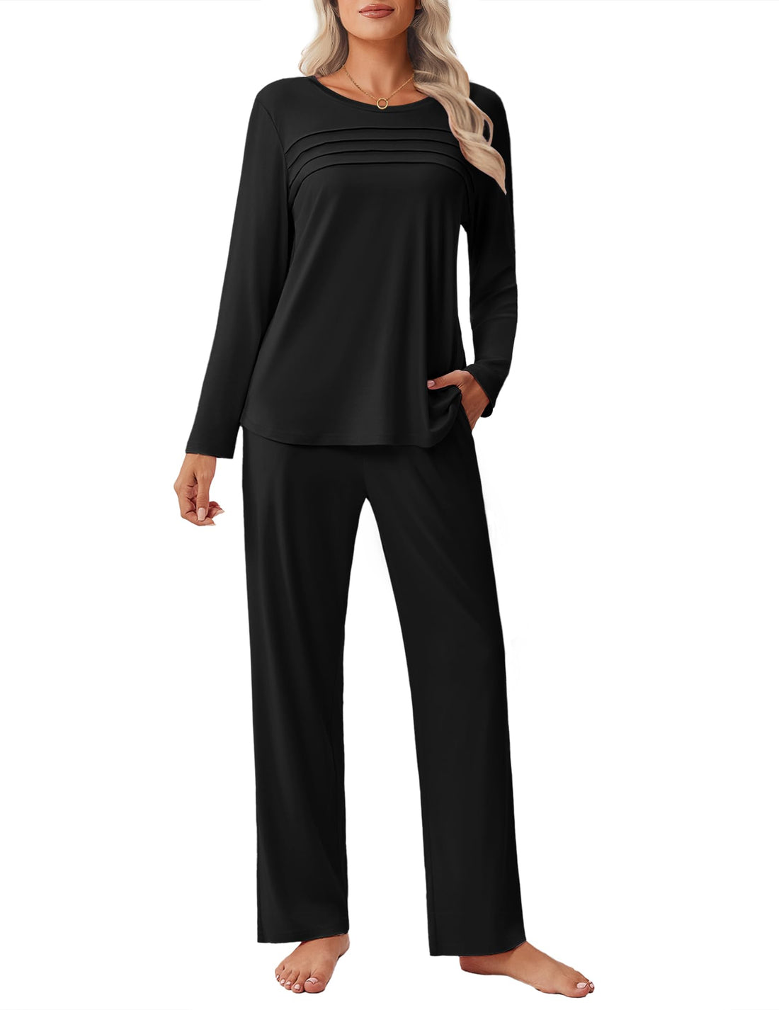Ekouaer Womens Pajama Sets Pleated Tops with Long Pants Lounge Set Long Sleeve Fall Sleepwear Ladies Pjs S-XXL