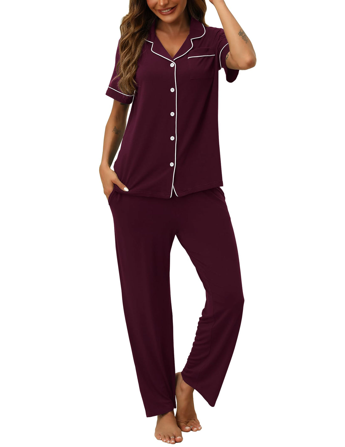 HNG Women Pajamas Set 2 Piece Button Up Pajamas Pant and Short Sleeve Shirt for Woman Pj Sets with Pocket