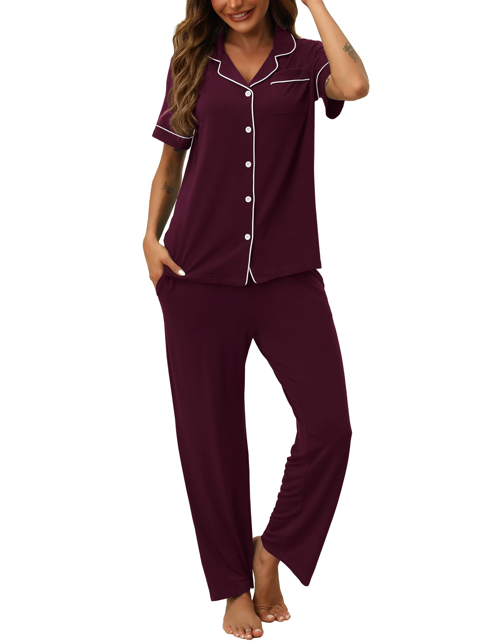 HNG Women Pajamas Set 2 Piece Button Up Pajamas Pant and Short Sleeve Shirt for Woman Pj Sets with Pocket