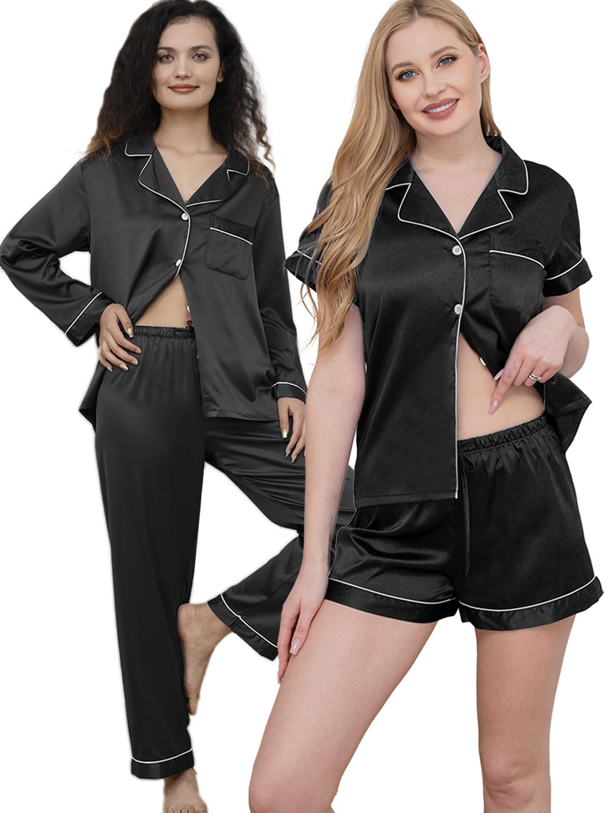5Pcs Womens Satin Pajamas Set Silk Pajama Pjs XS-2XL Silky Pj Sets Button Down Sleepwear Nightwear Loungewear