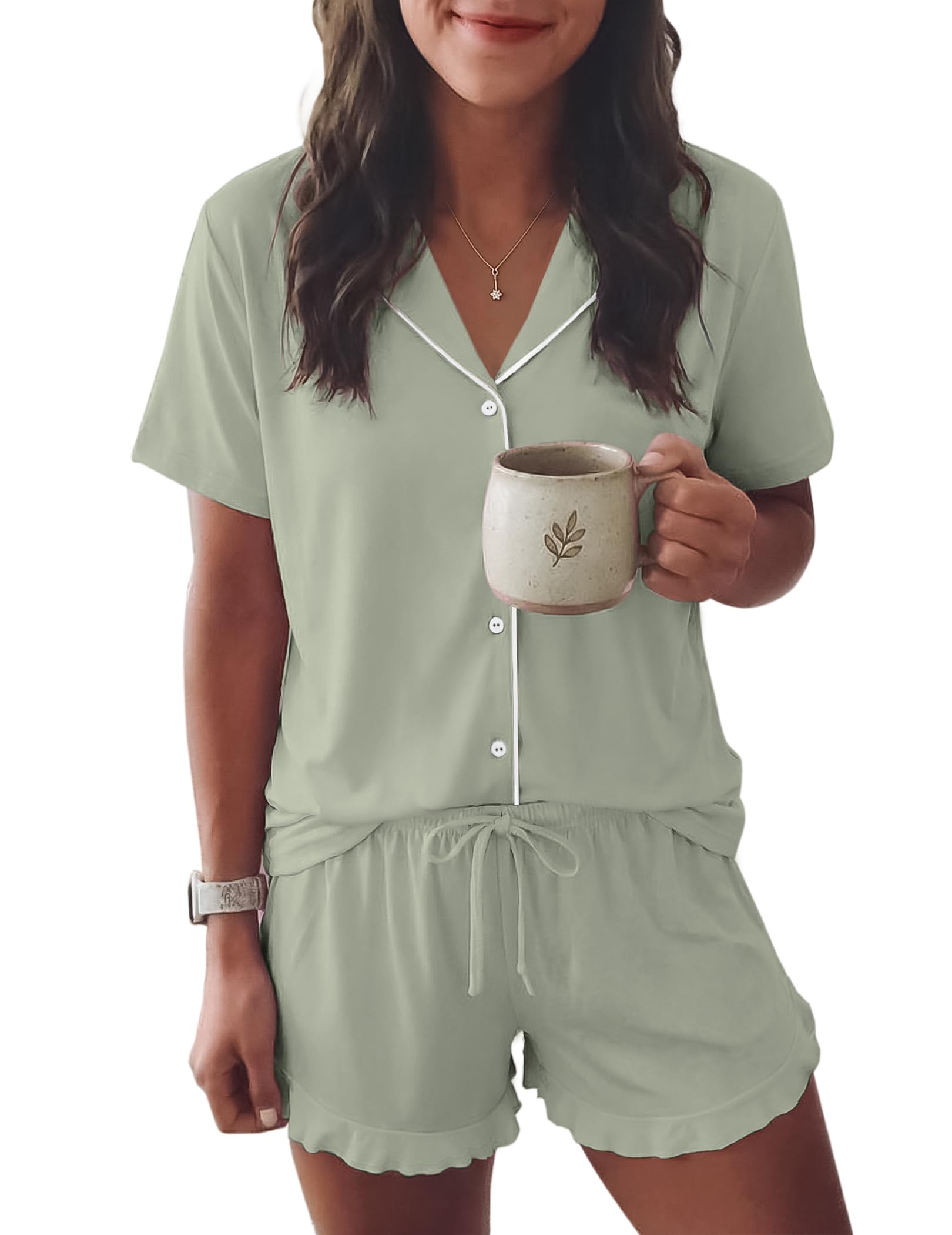 Ekouaer Womens Pajama Sets Button Down Short Sleeve Top and Shorts Cute Ruffled Pjs Sets Sleepwear