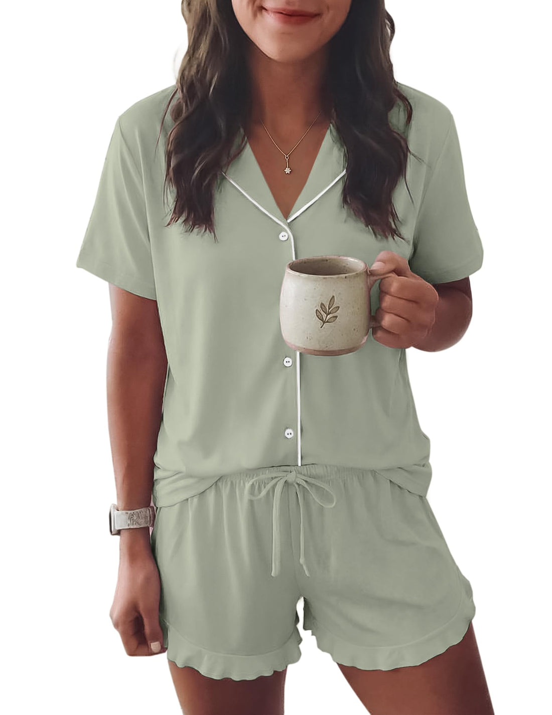 Ekouaer Womens Pajama Sets Button Down Short Sleeve Top and Shorts Cute Ruffled Pjs Sets Sleepwear