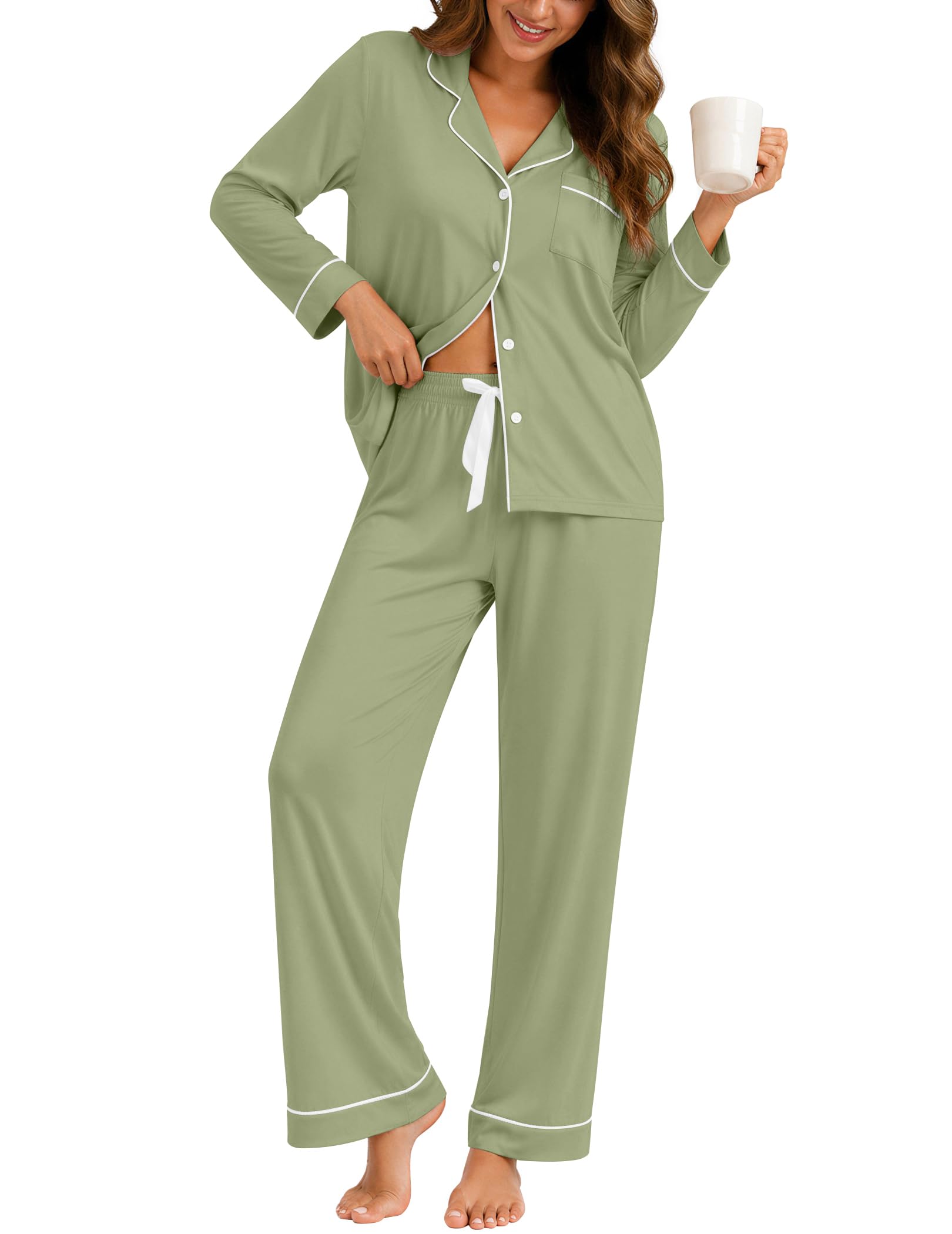ZMJ Womens Pajamas Sets 2 Piece Long Sleeve and Pant Pj Sets Button Up Sleepwear